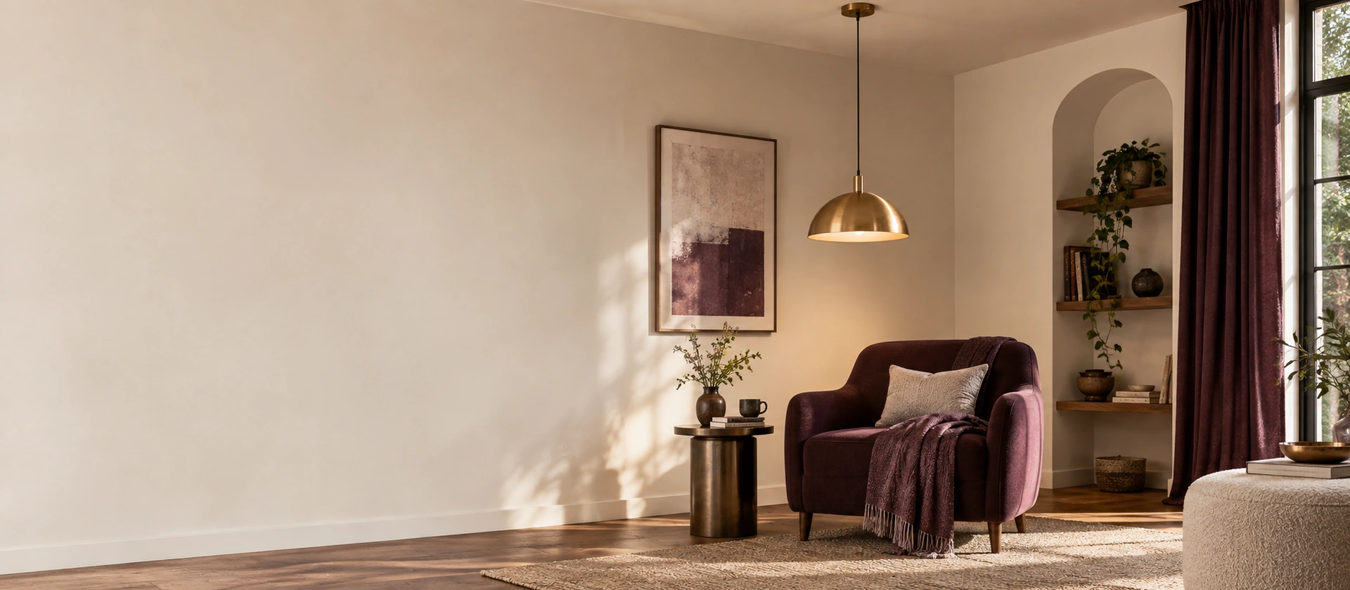 Rincón de lectura acogedor con lámpara colgante, sillón y mesa auxiliar