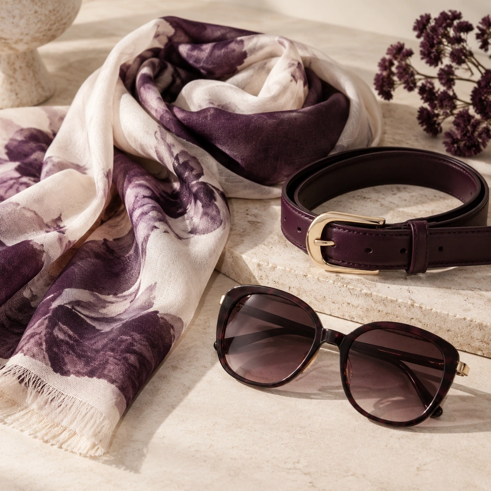 Pañuelo estampado color ciruela, cinturón de piel y gafas de sol