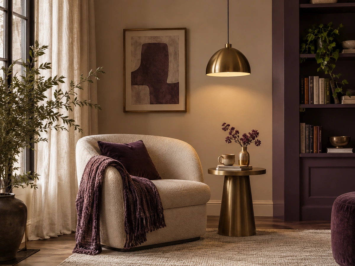 Brass pendant light above a reading chair and side table