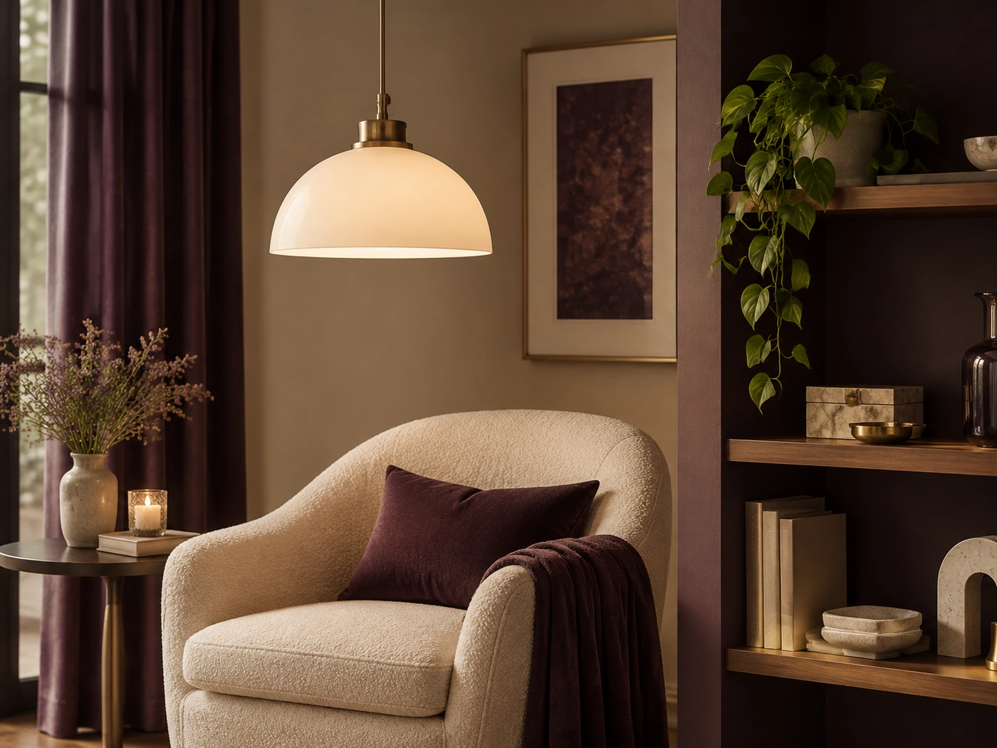 Soft pendant lighting beside an ivory armchair