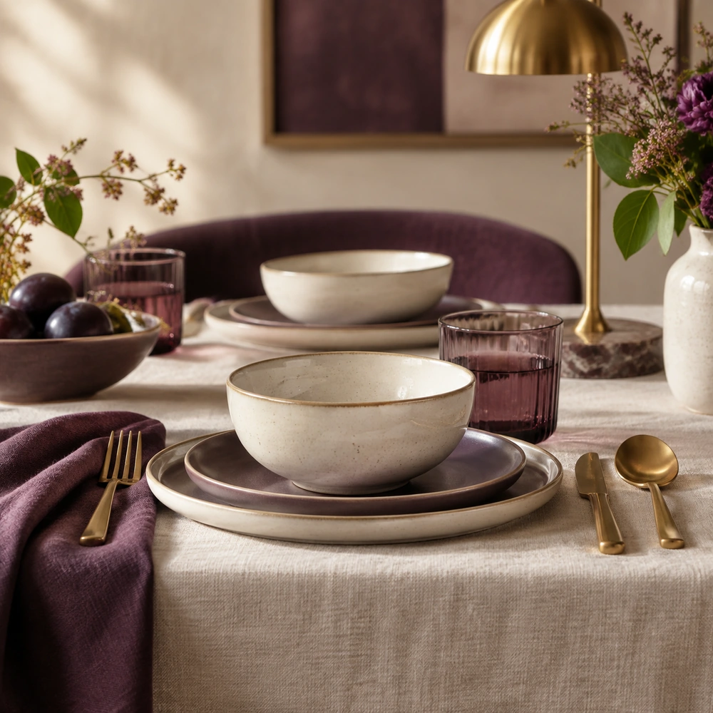 Cuencos y platos combinados con cristalería sobre una mesa de comedor