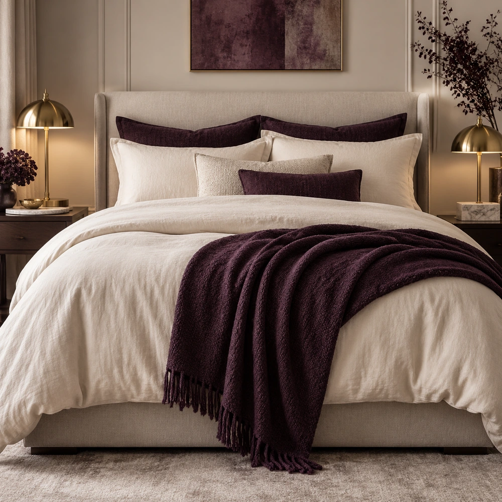 Ropa de cama marfil en capas con cojines ciruela y una manta texturizada