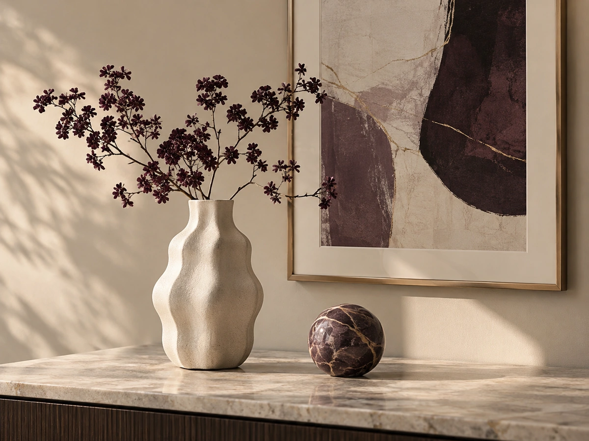 Sculptural vase and decorative sphere beside framed abstract art