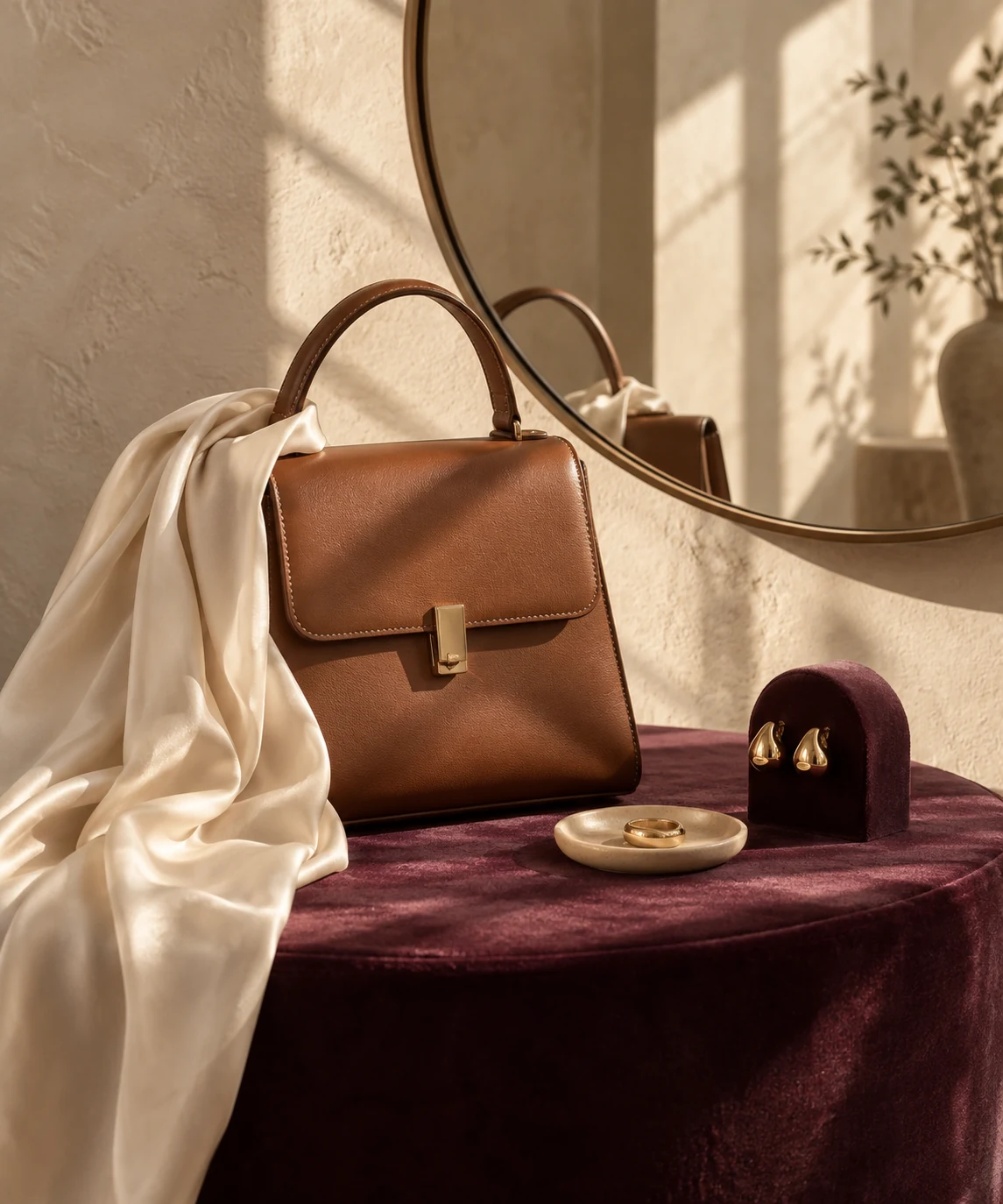 Una borsa in pelle, seta avorio e gioielli disposti in una luce calda
