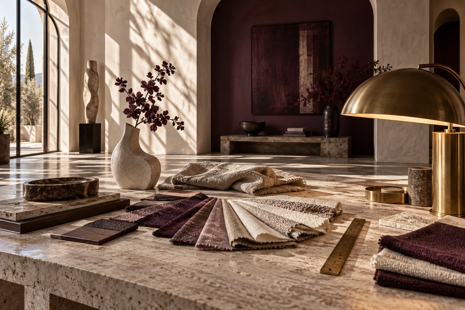 Sunlit material study with tactile fabrics, brass lighting and sculptural shadows