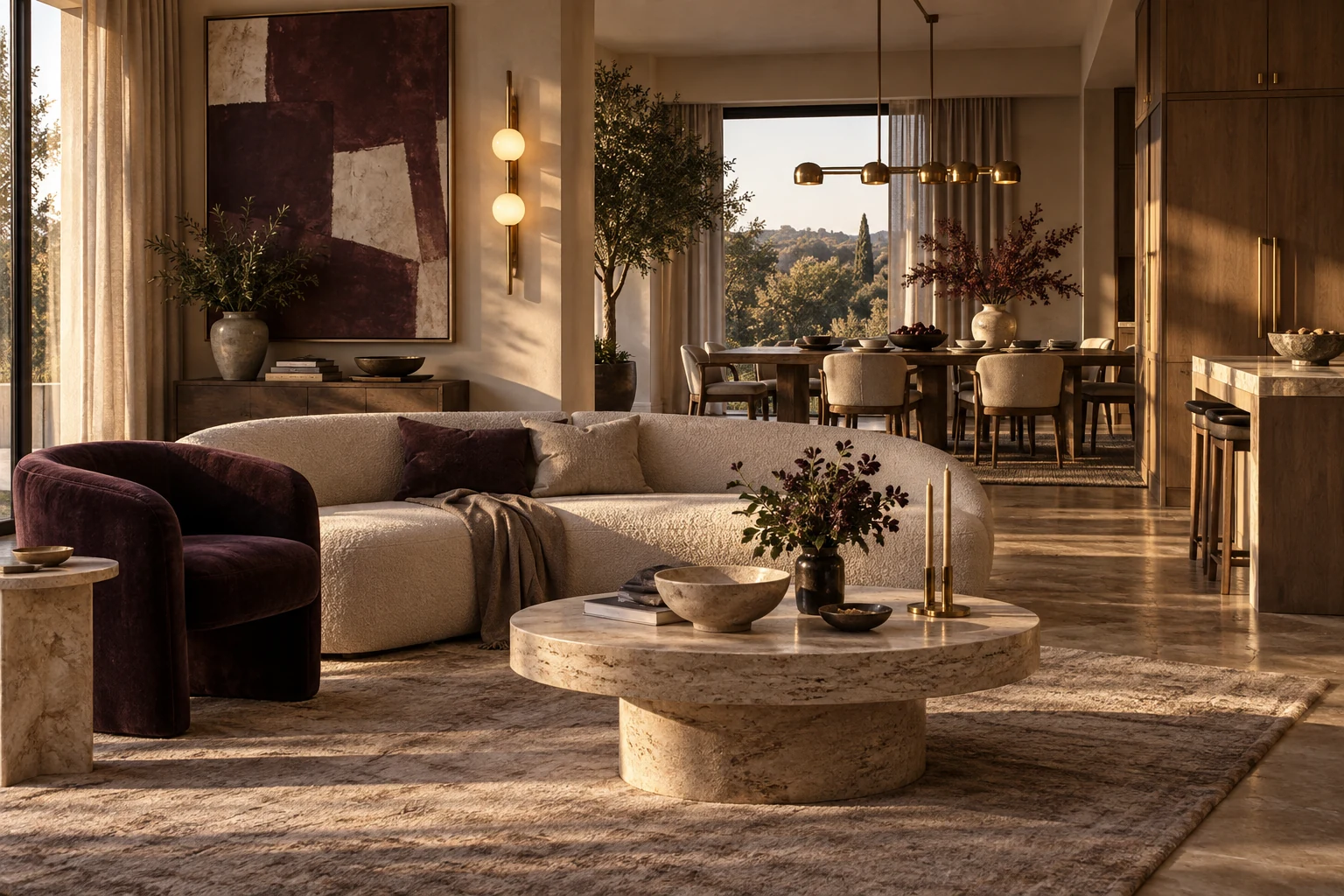 Atmospheric living and dining spaces with layered lighting, sculptural furniture and warm textures