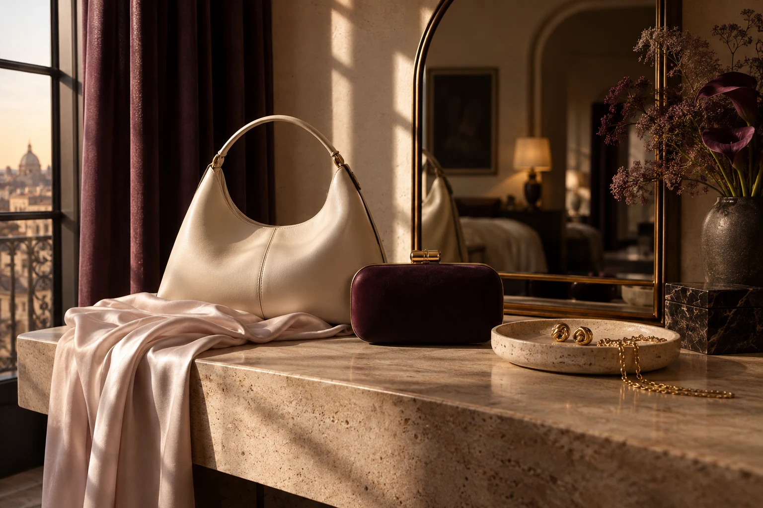 Bolso marfil, clutch ciruela, seda y joyas sobre un tocador iluminado por el sol