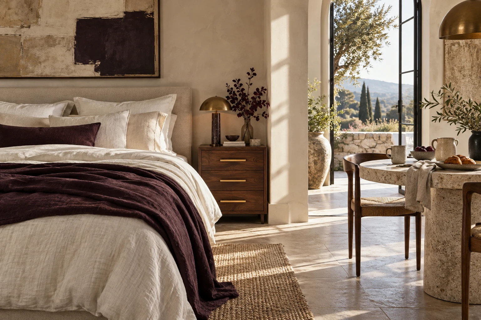 Layered ivory bedding, brass cabinet details and an intimate breakfast table