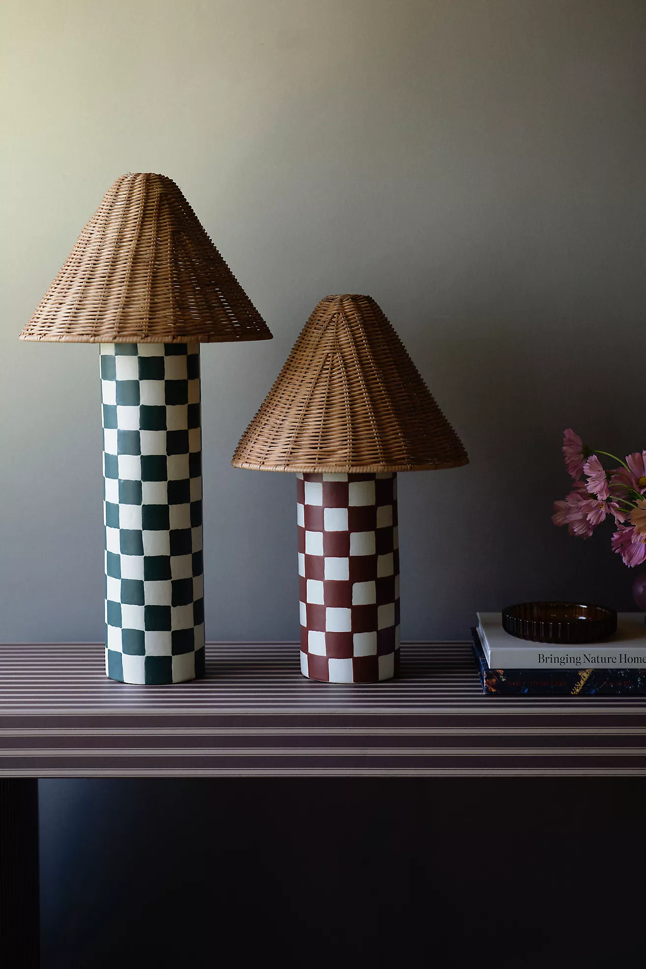 Merve Kahraman Ceramic Checkered Rattan Table Lamp