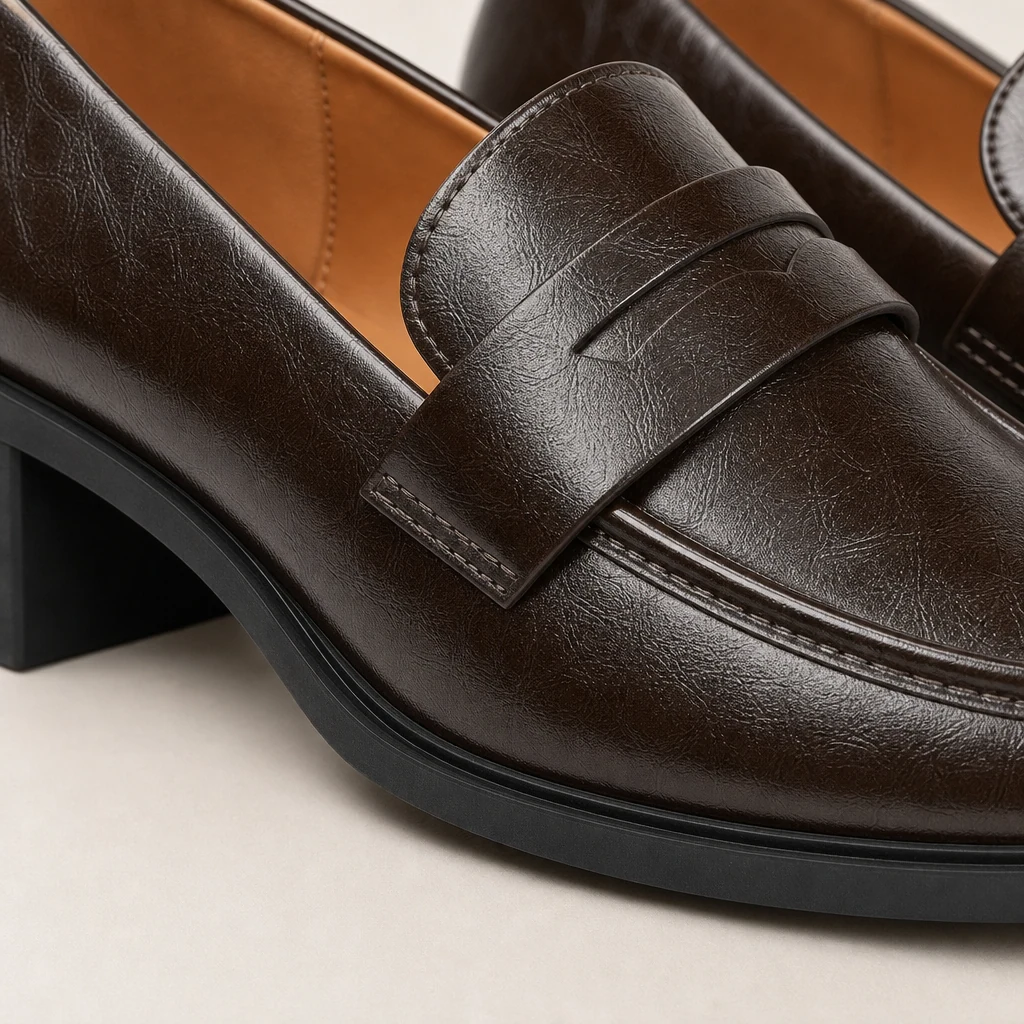 Gros plan sur le matériau du mocassin et la construction supérieure