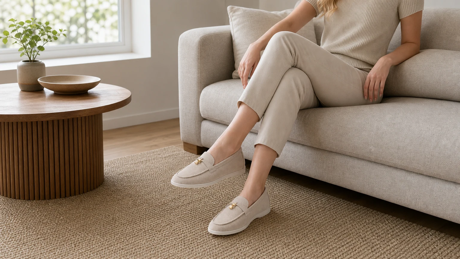 Aprikosenfarbene Quasten-Loafer, gestylt in einem warmen Lifestyle-Ambiente