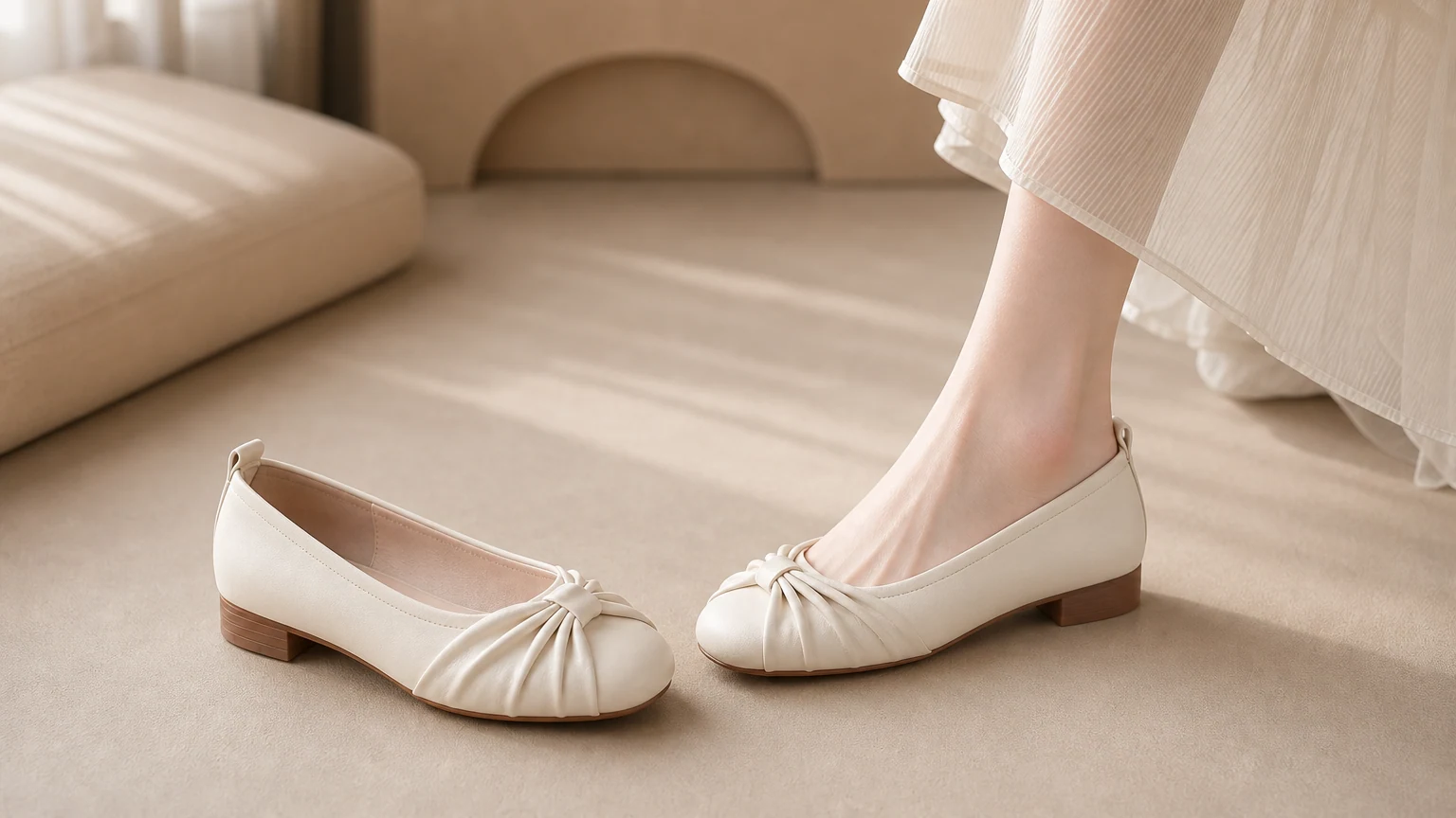 Eleganti ballerine beige con punta squadrata in stile stile di vita orizzontale