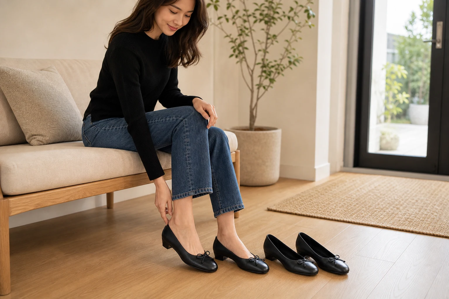 Zapatos planos de cuña baja diseñados en una escena de producto en contexto