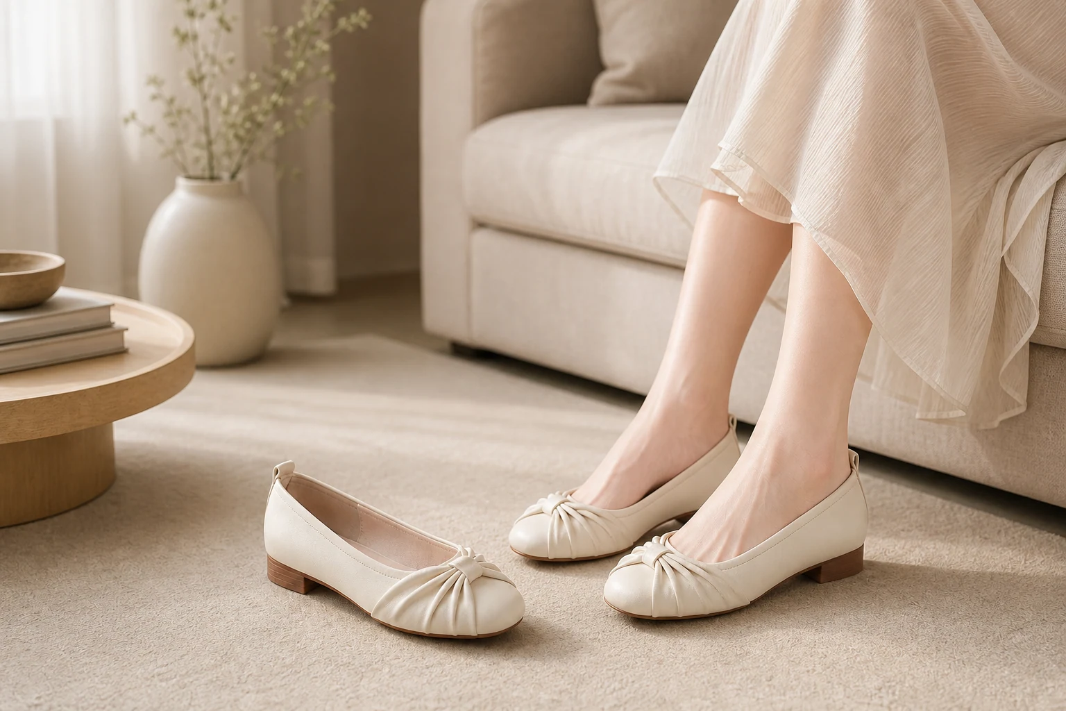 Morbide ballerine beige con punta quadrata in una scena di stile di vita