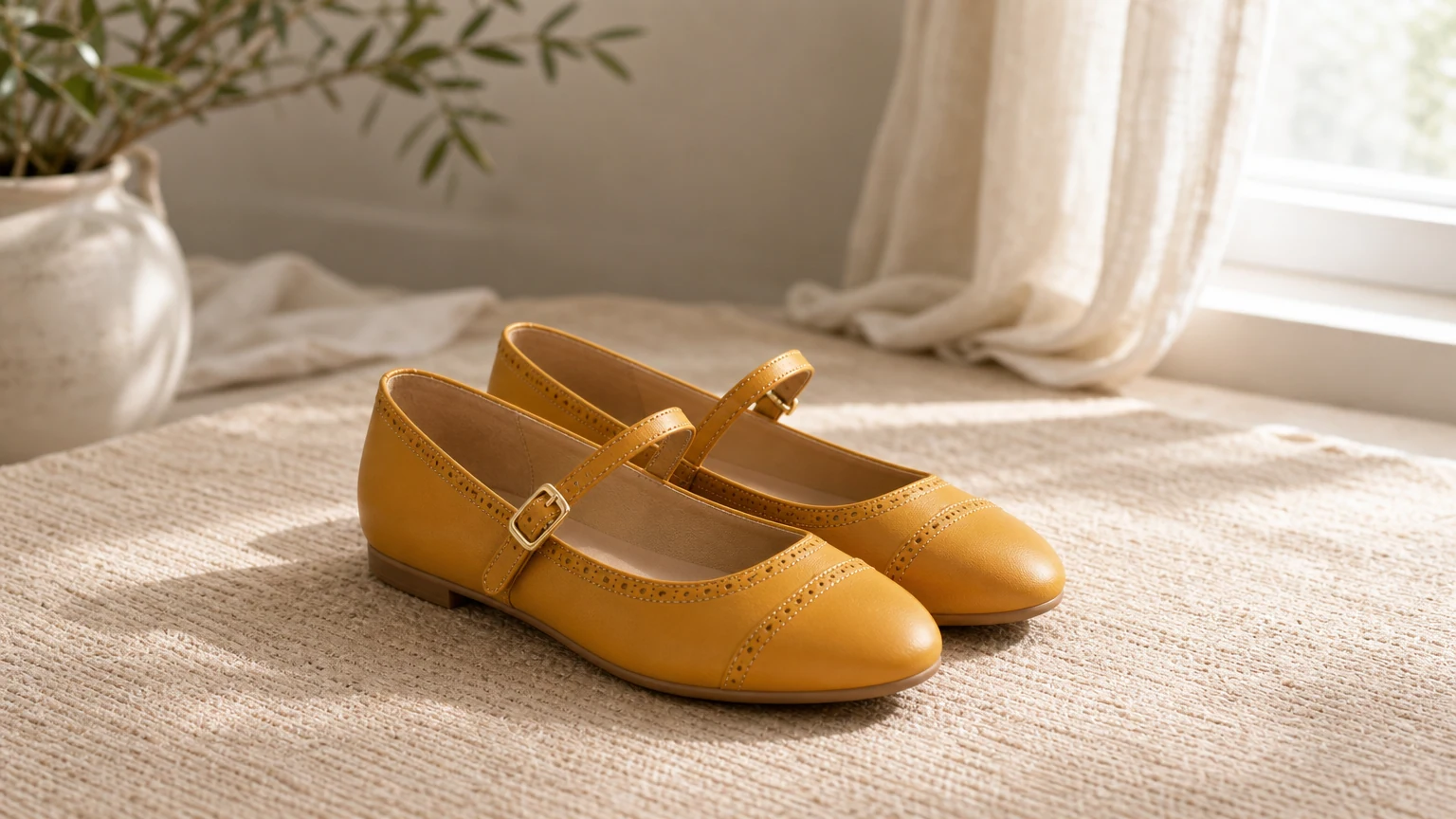 Zapatos planos de vestir Mary Jane acolchados vintage con punta redonda en una cálida escena de estilo de vida