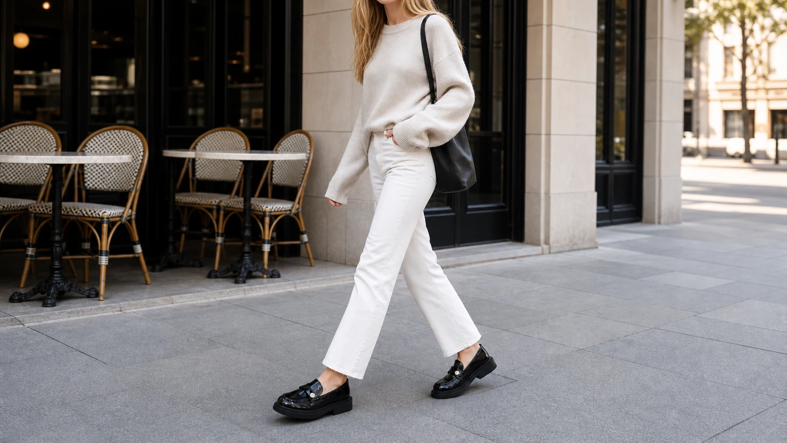 Gestructureerde loafers met ronde neus en kussens, vormgegeven in een alledaagse outfitscène