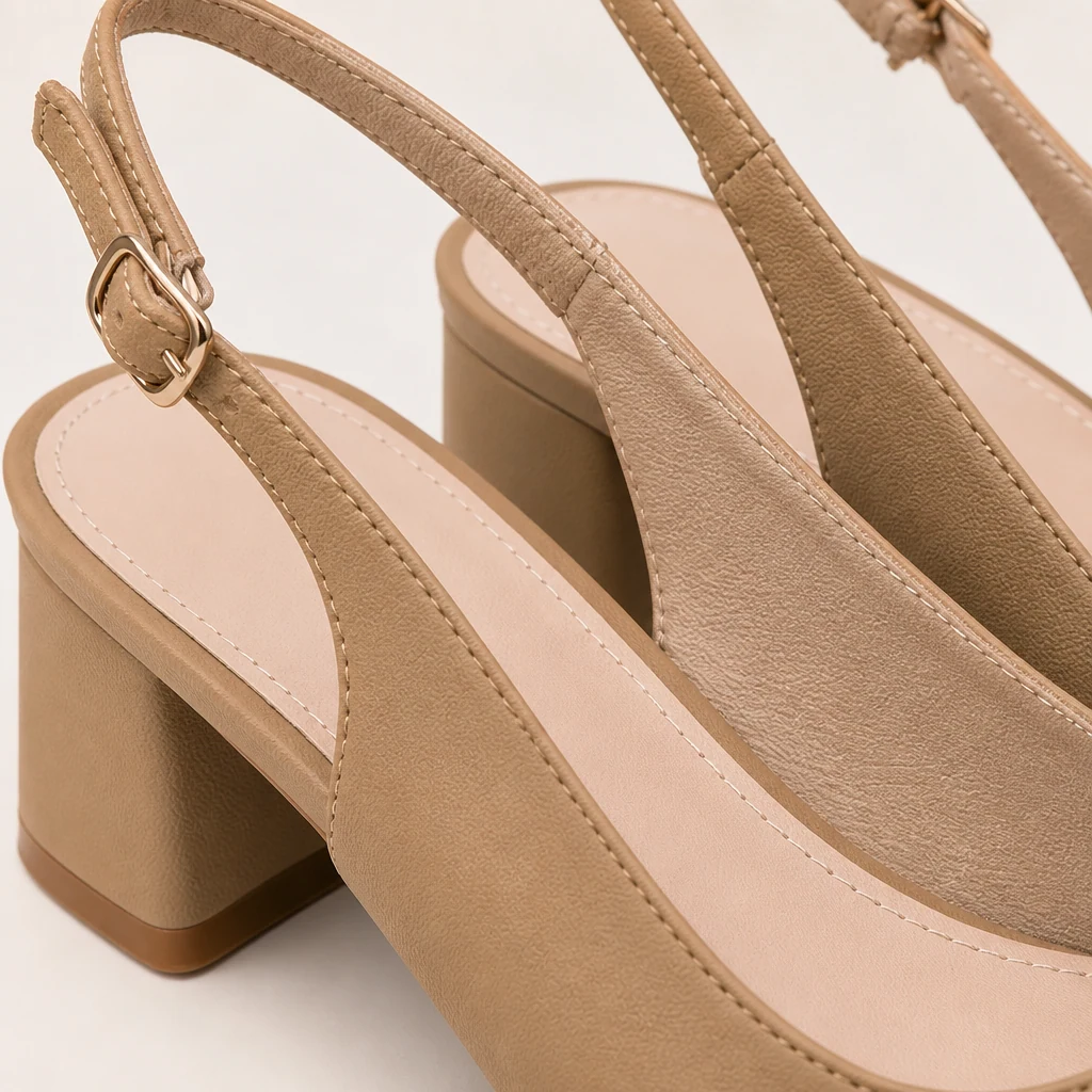 Dettaglio in primo piano della tomaia, del cinturino, del tallone e della finitura della scarpa slingback