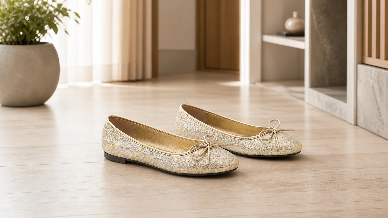 Scarpe basse leggere minimal chic con punta tonda abbinate a una calda scena quotidiana