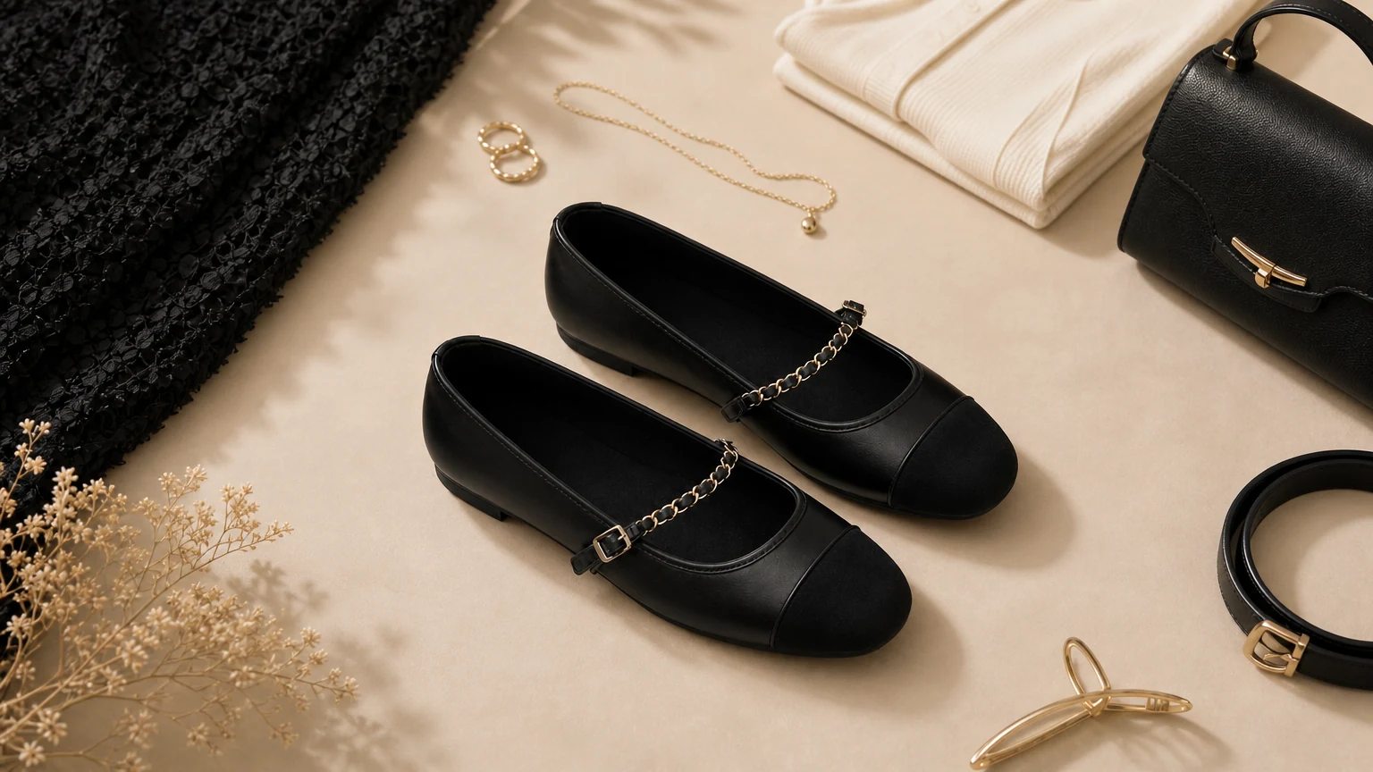 Gepolsterte Mary-Jane-Ballerinas mit schmalen Riemen und horizontalem Motiv
