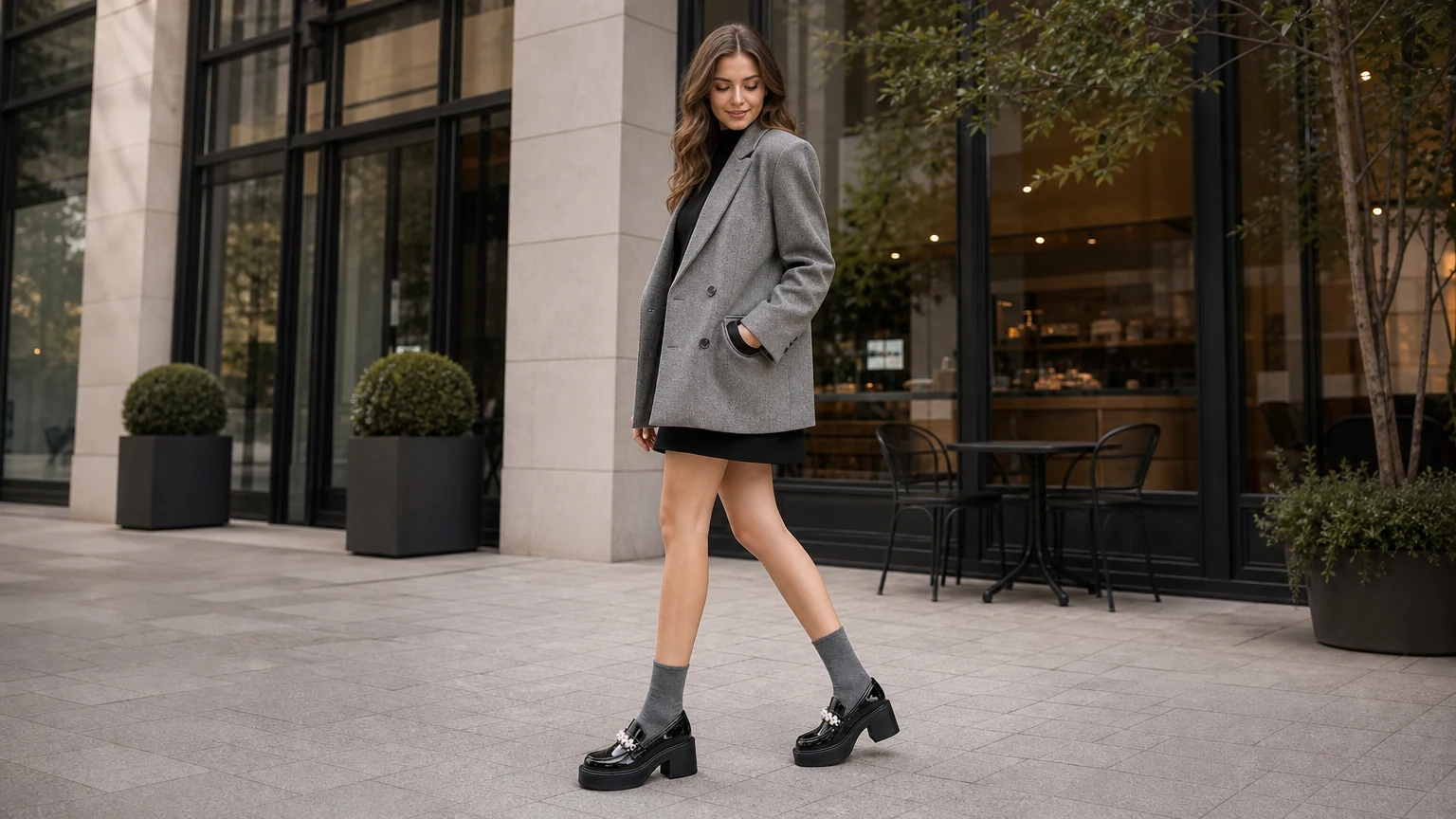 Glanzende chunky loafers met parelaccent, vormgegeven in een horizontale scène