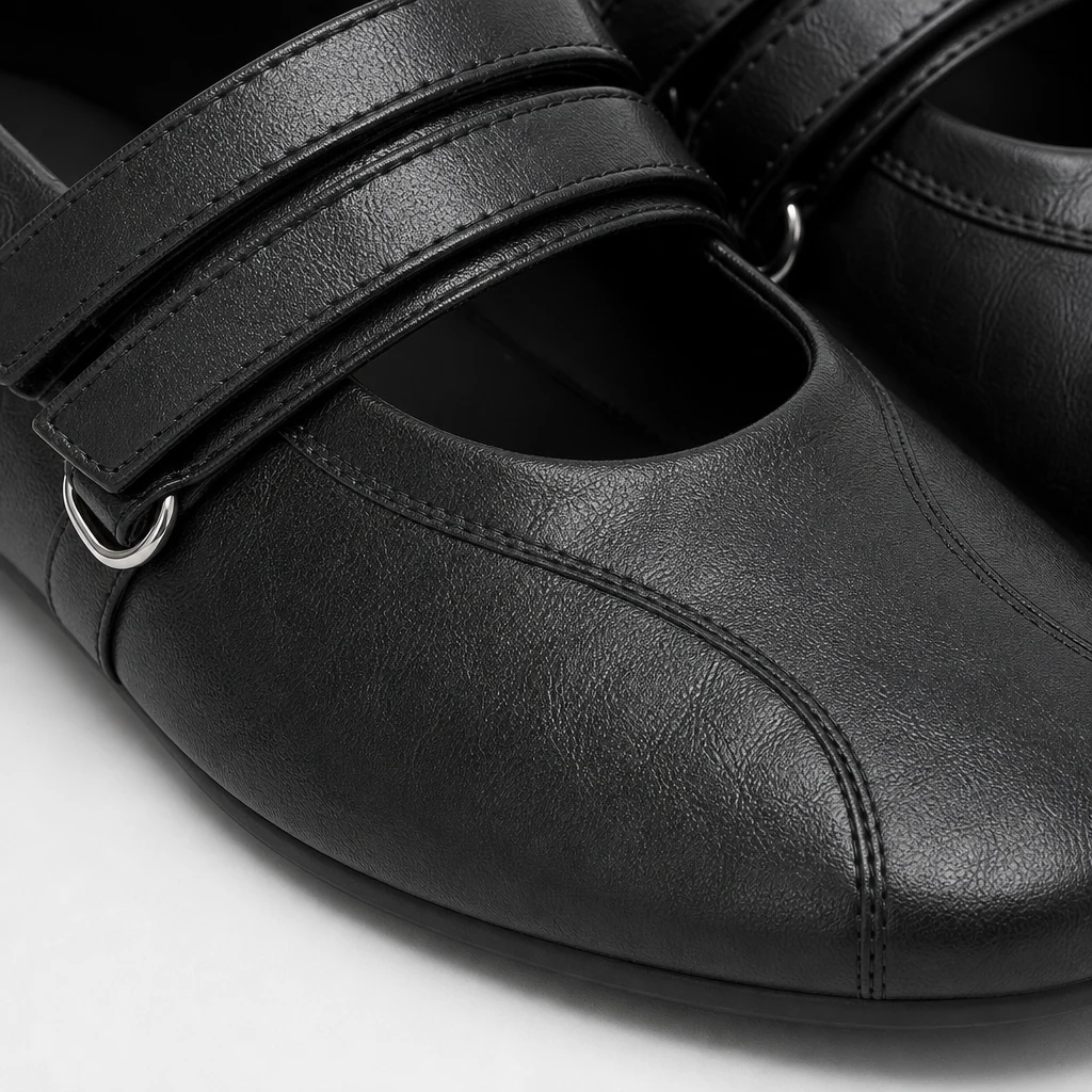 Close-up of black Mary Jane flat material, seamed toe, and strap construction