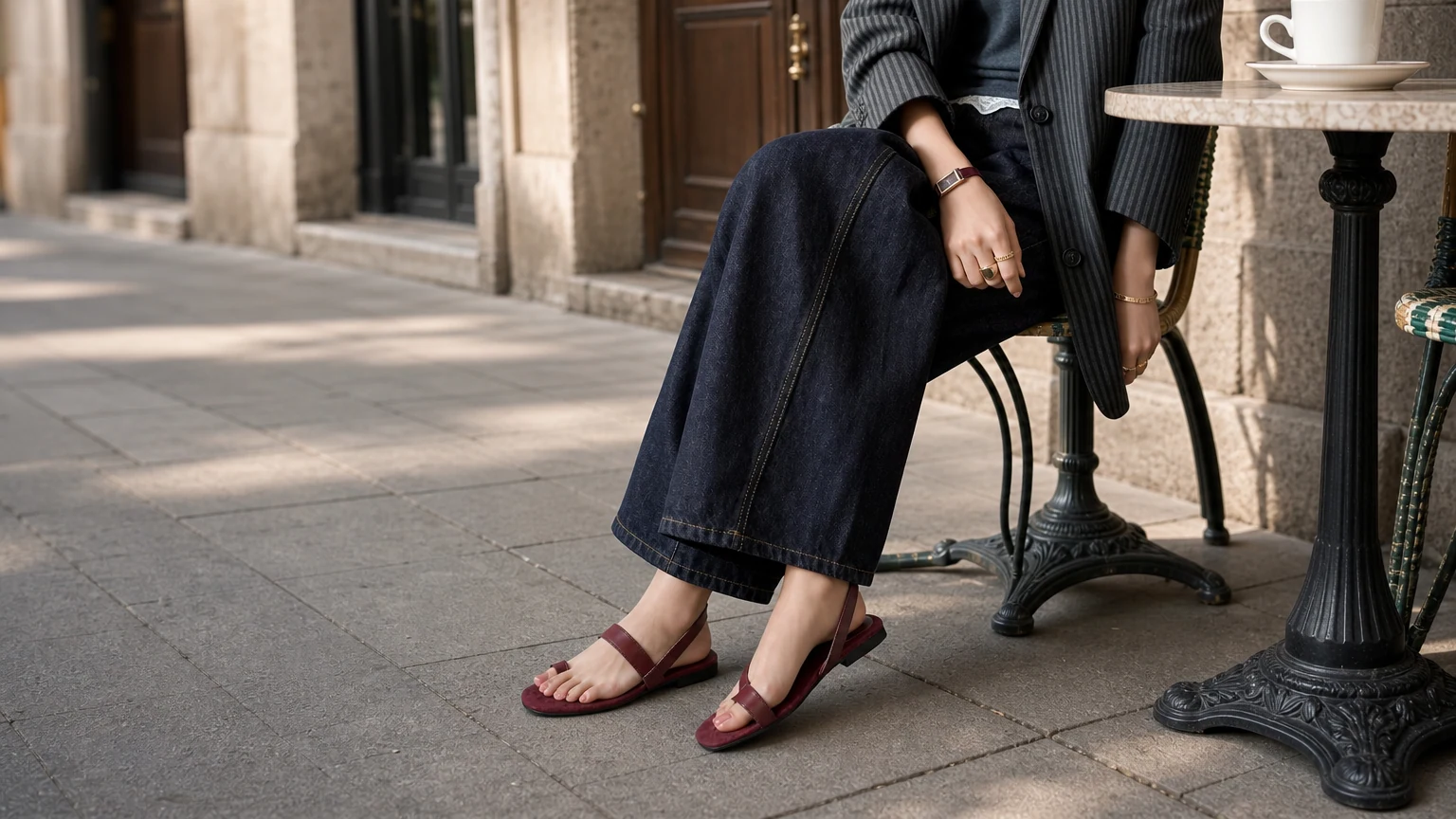 Women wearing minimal toe loop flat sandals in a warm casual outdoor scene