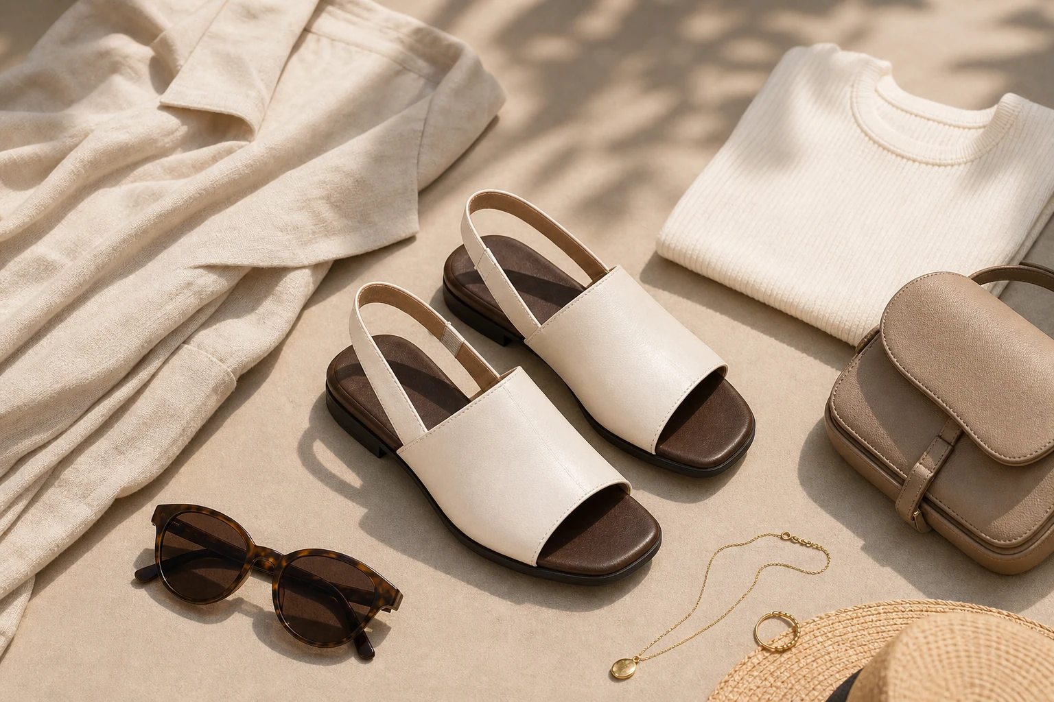 Flache Sandalen mit offener Zehenpartie in einer Lifestyle-Szene