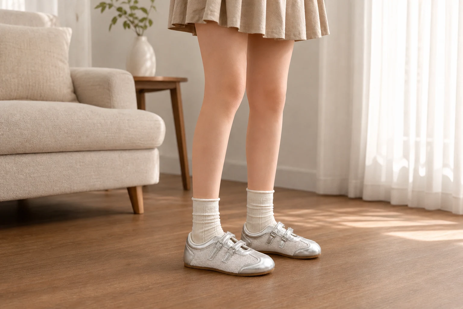 Ballerine con doppio cinturino mostrate in una scena di lifestyle con il prodotto completo visibile