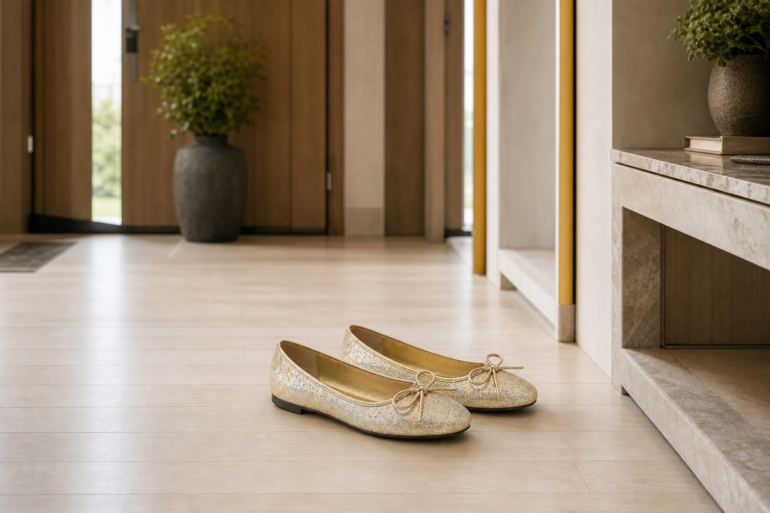 Ballerine a punta tonda in una scena di prodotti lifestyle