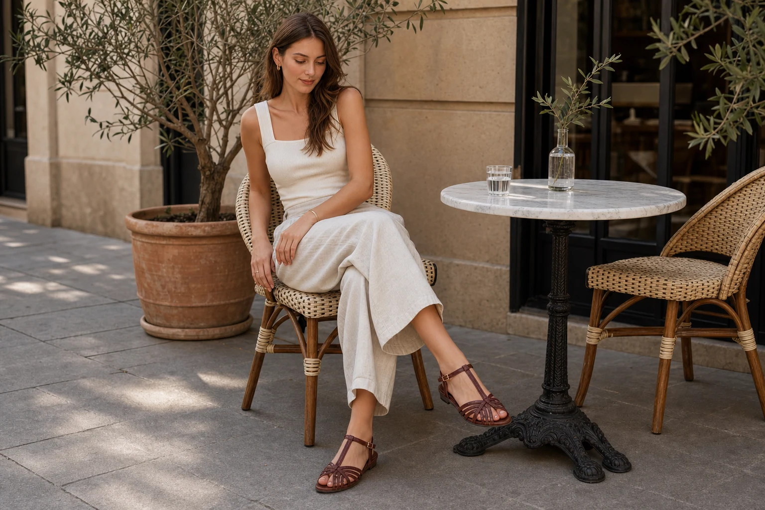 Closed toe wedge sandals in a lifestyle product scene