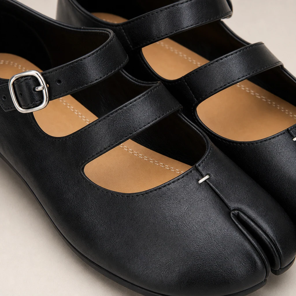 Close-up detail of black split toe Mary Jane flats with straps and texture