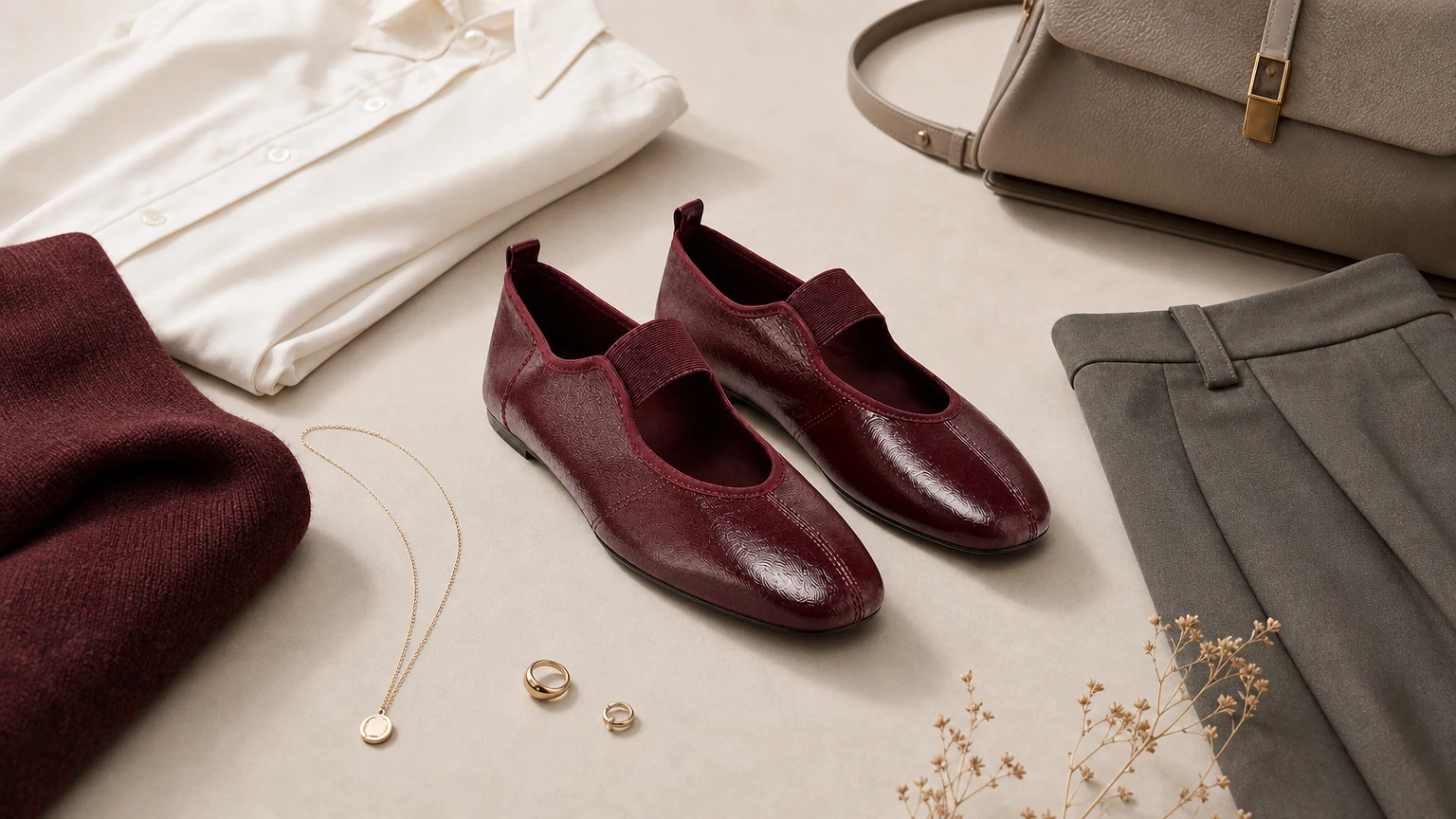 Chaussures plates de marche minimalistes à bout rond, conçues dans une scène horizontale de tous les jours