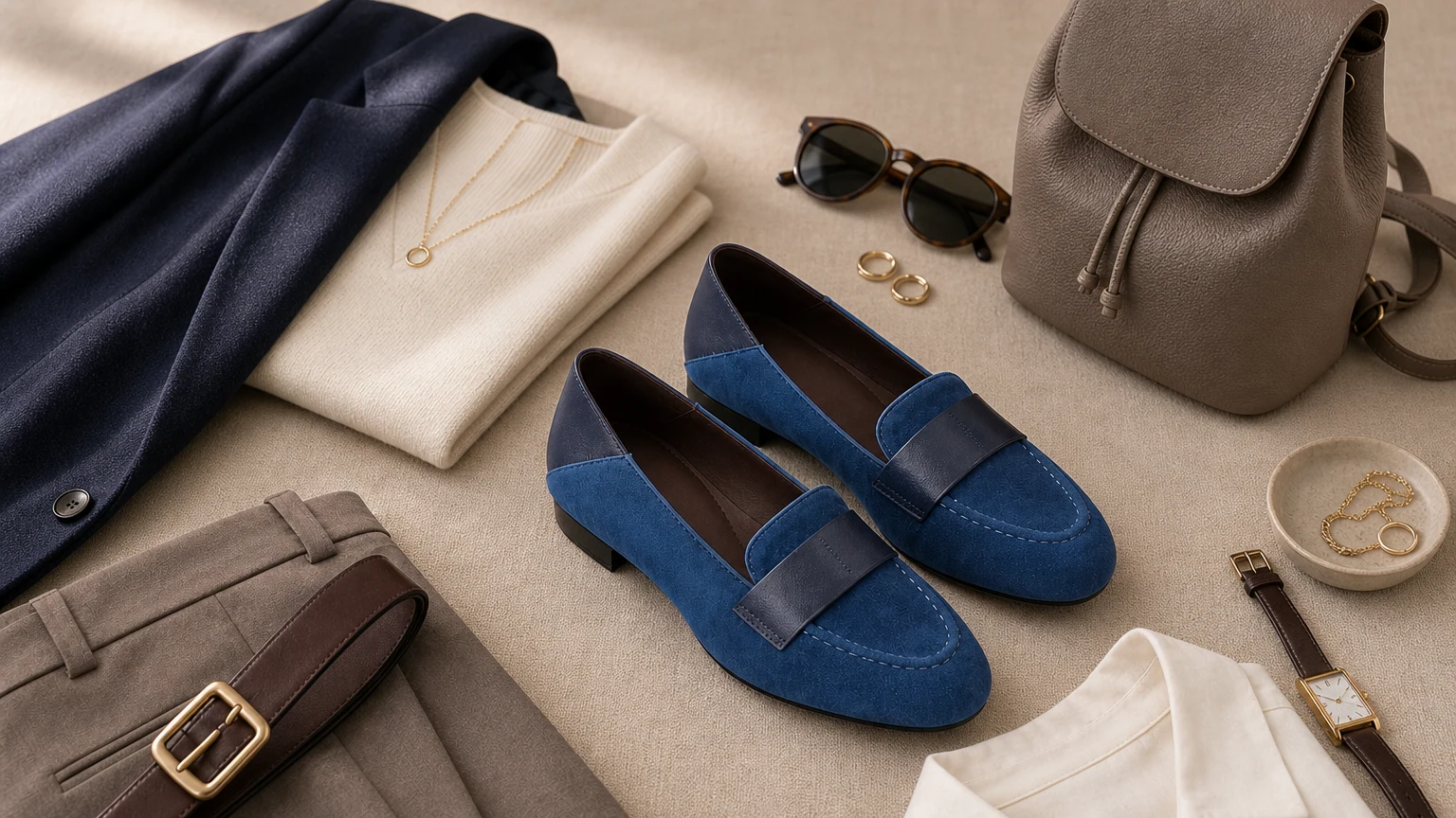Mocassini blu con dettaglio cinturino con tacco basso in stile pulito e pronto per l'ufficio