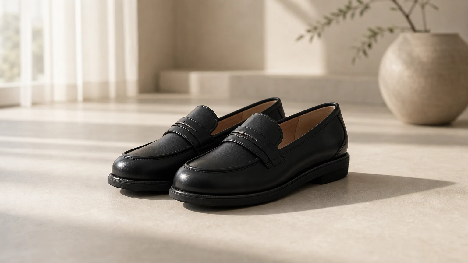 Loafers met ronde neus en kussens, vormgegeven in een alledaags tafereel