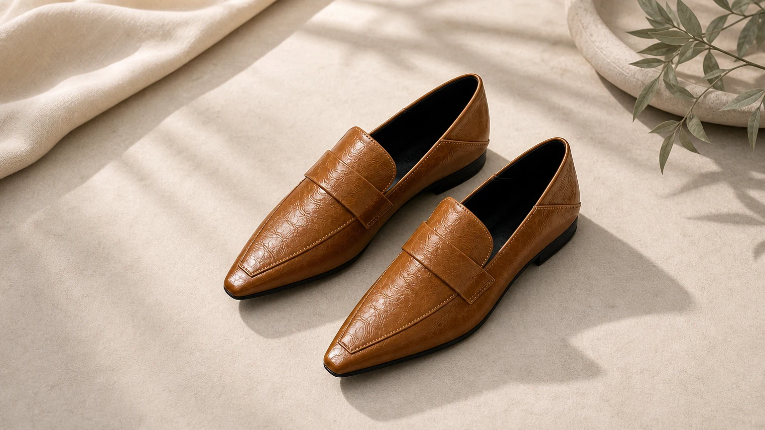Chaussures plates polies à talons bas et à enfiler, conçues dans une scène épurée prête pour le bureau.