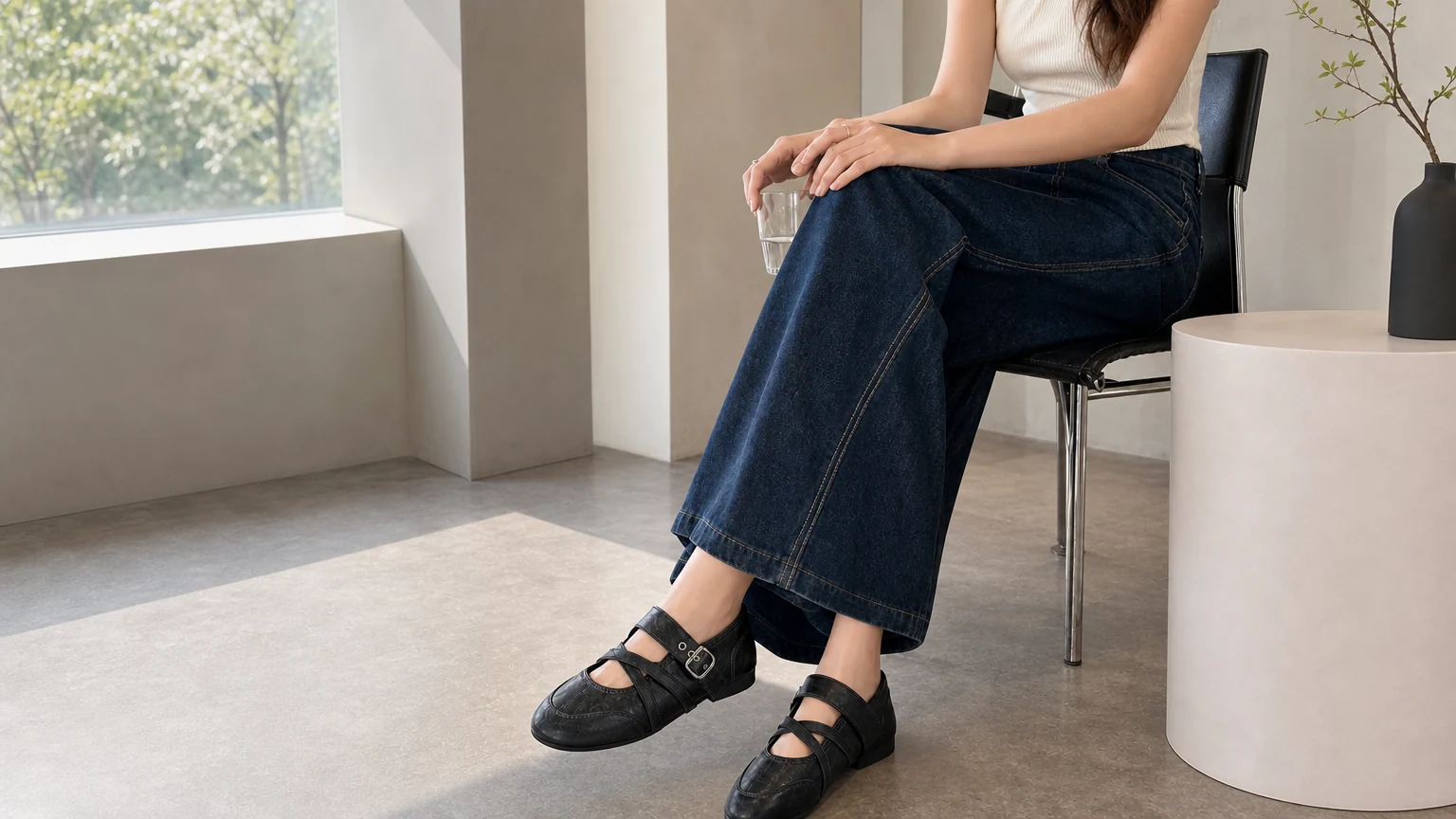 Zapatos planos de viaje ligeros con punta redonda diseñados en una escena de estilo de vida horizontal