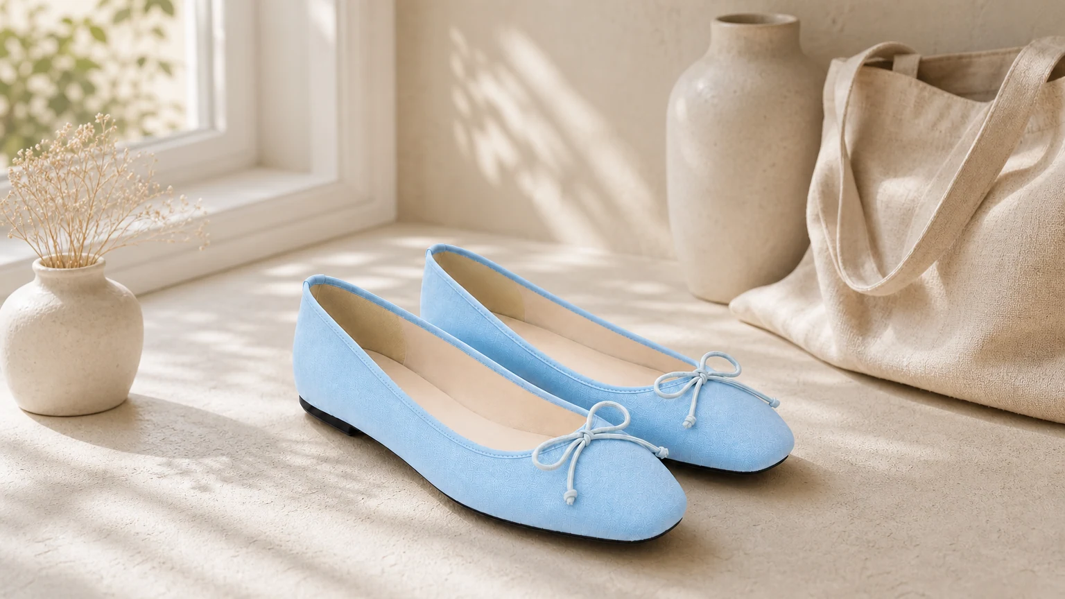 Soft round toe bow flats styled in a horizontal lifestyle scene