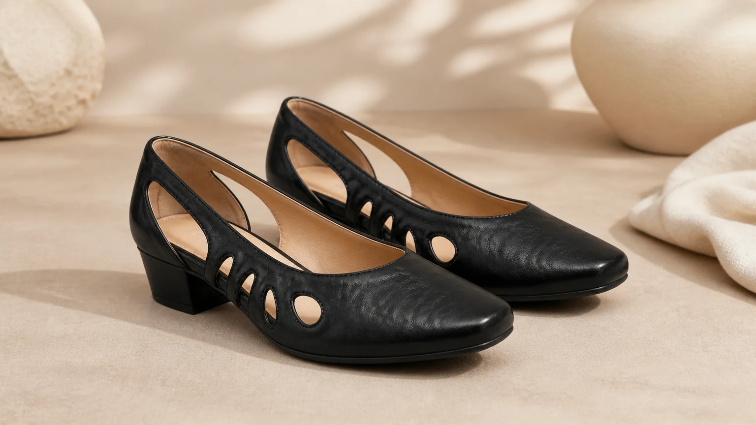 Schwarze Loafer mit ausgeschnittenen Riemen auf weichem Stoff