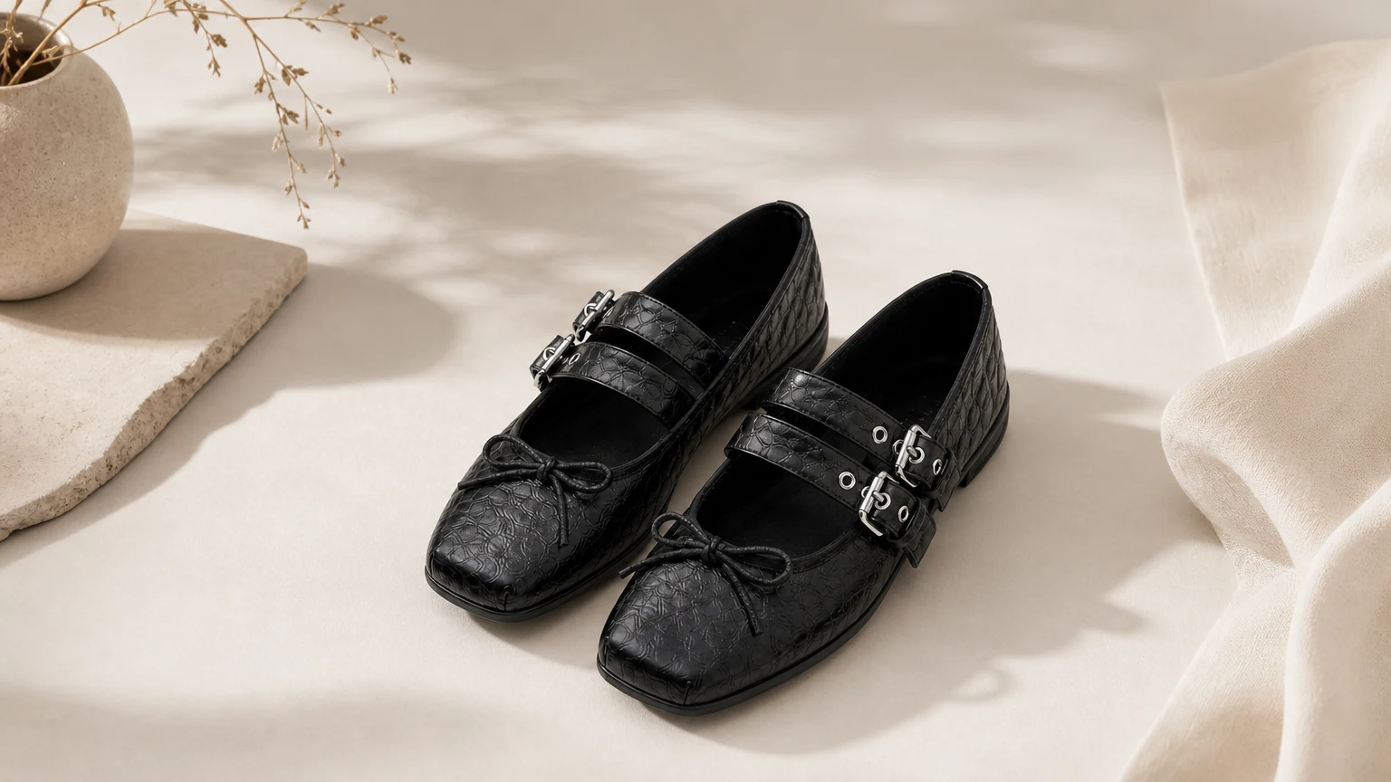 Bow detail vintage Mary Jane flats styled in a soft lifestyle scene