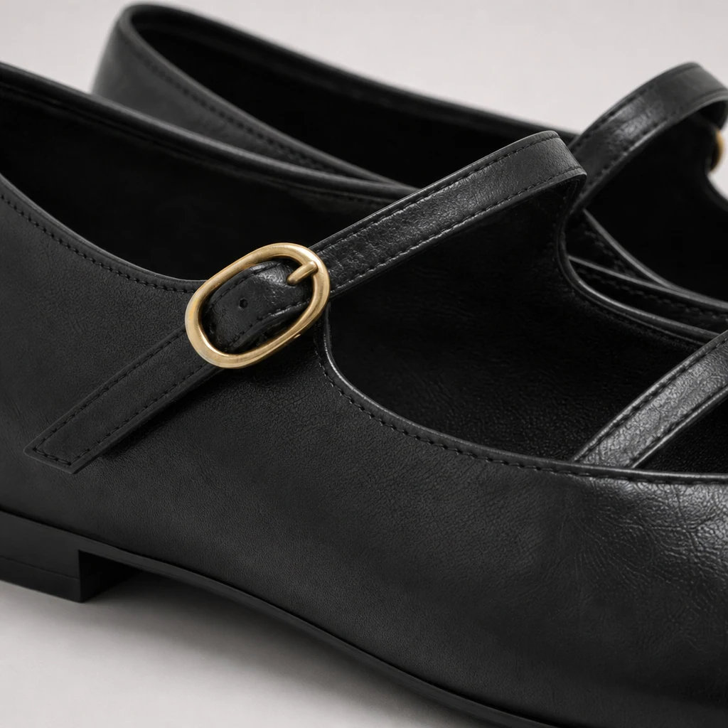 Close-up of cross strap Mary Jane flat material and buckle detail