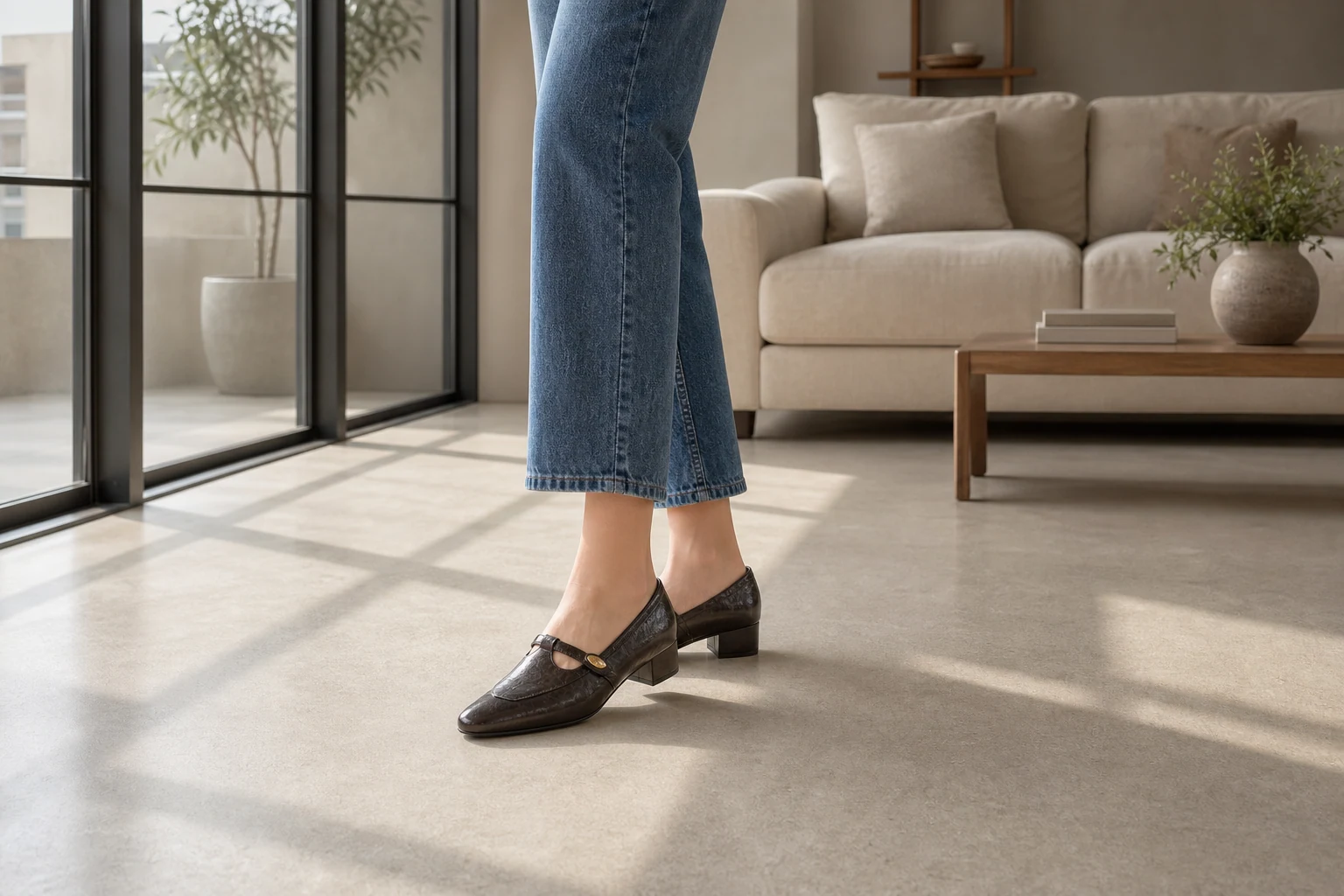 Klassische Pumps mit stabilem Absatz, gezeigt in einer Lifestyle-Umgebung
