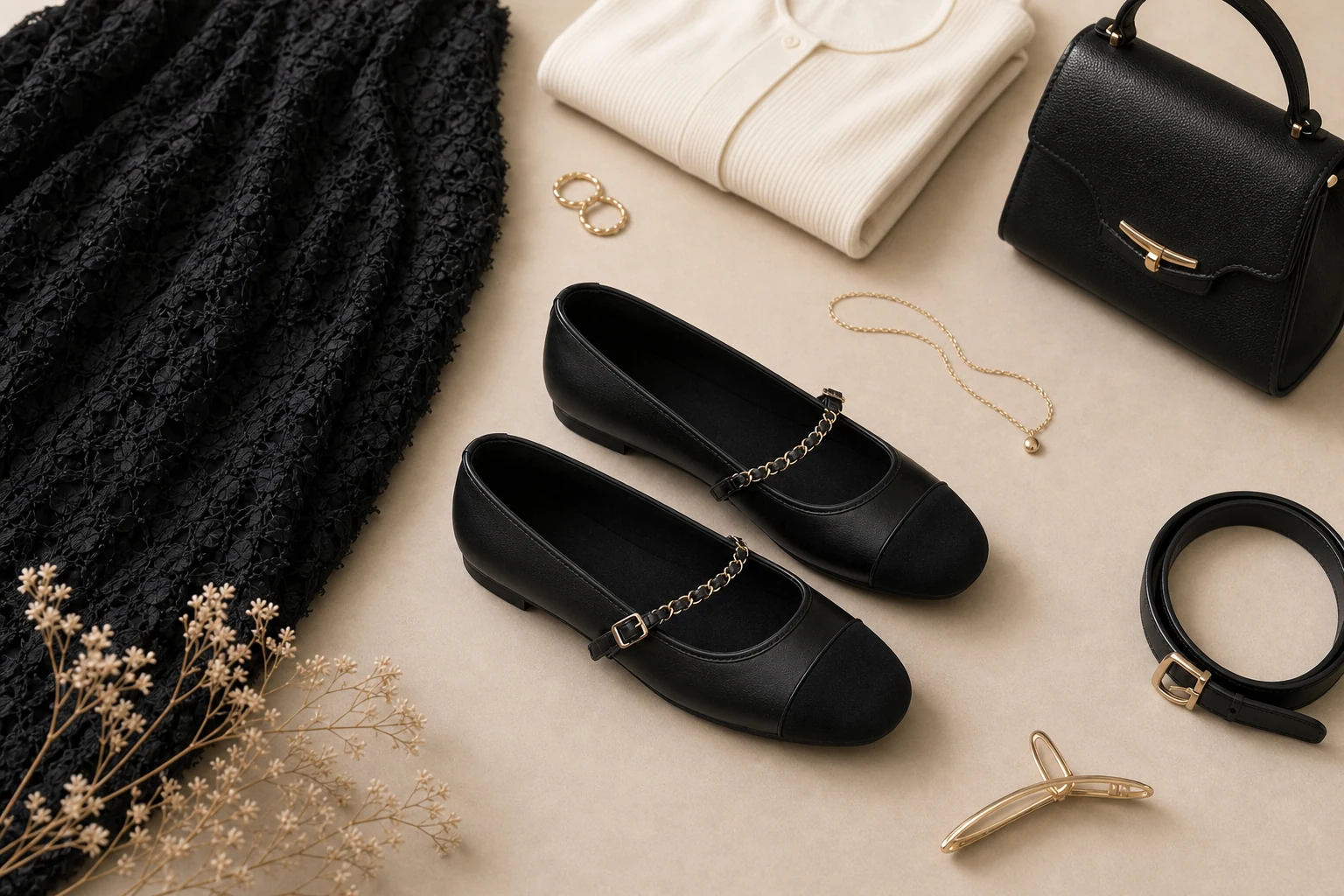 Ballerinas mit schmalem Riemen in einer Lifestyle-Produktszene