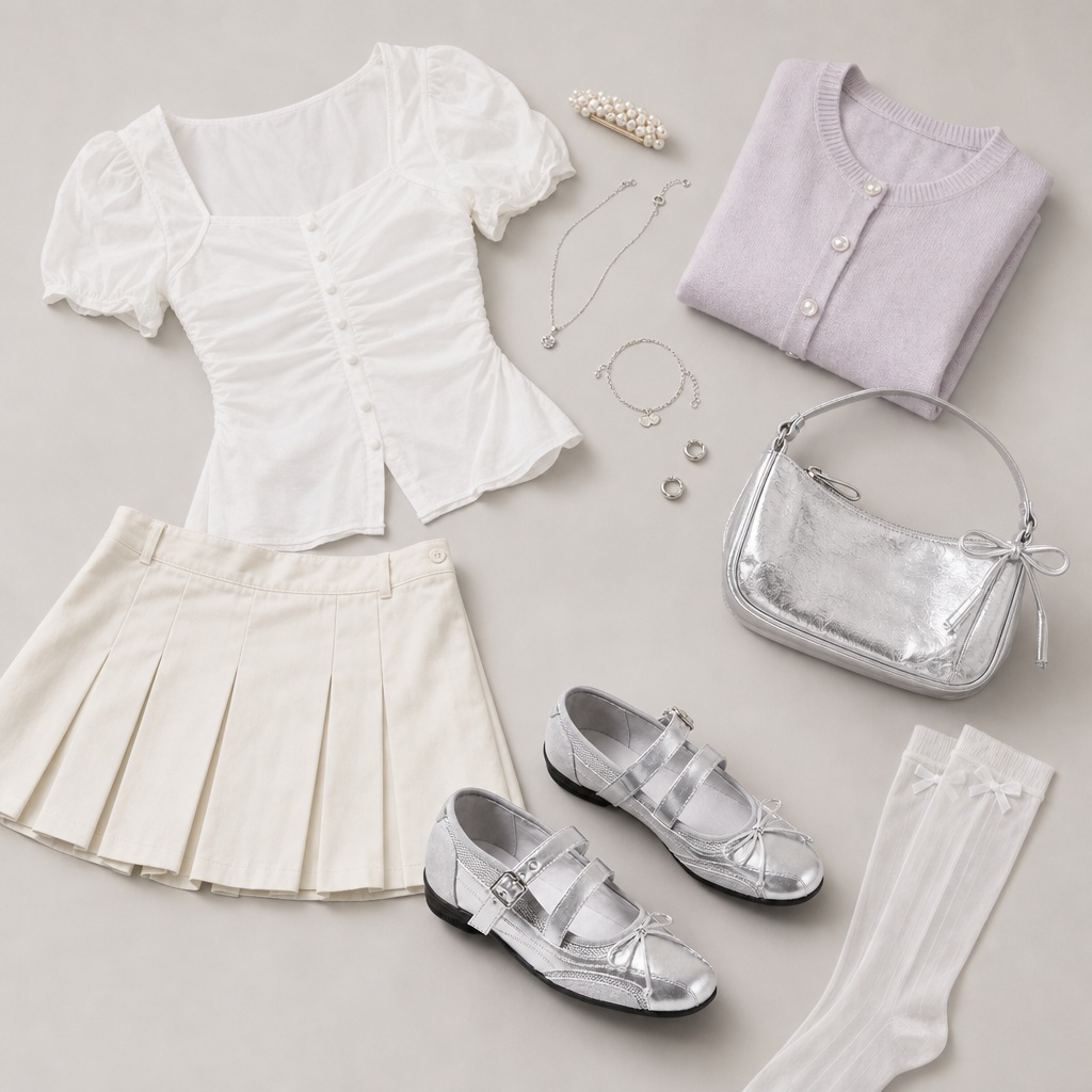 Ballerine Mary Jane argentate in una scena di outfit piatto