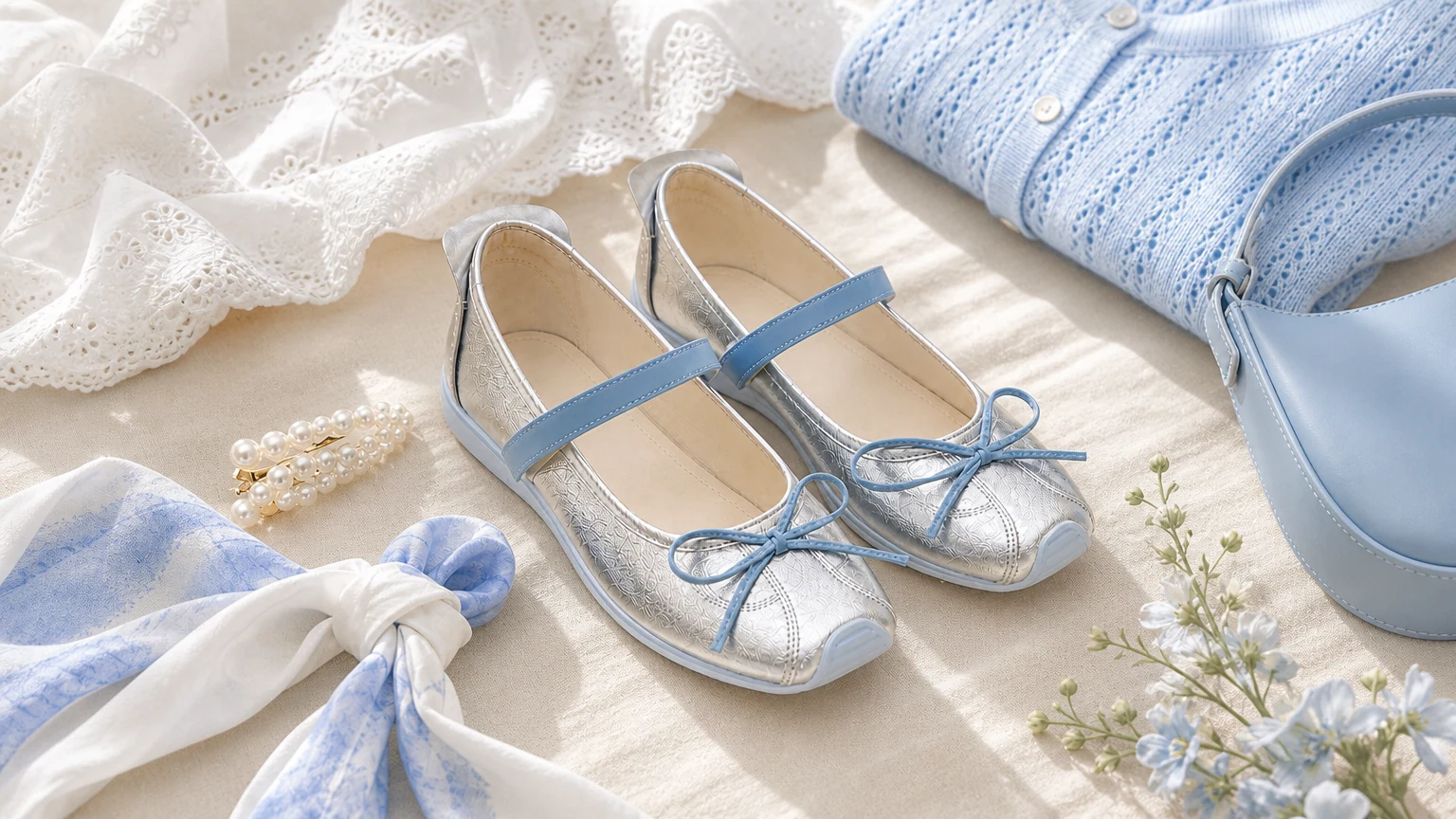Eleganti scarpe da passeggio Mary Jane con fiocco in una scena di stile di vita morbido