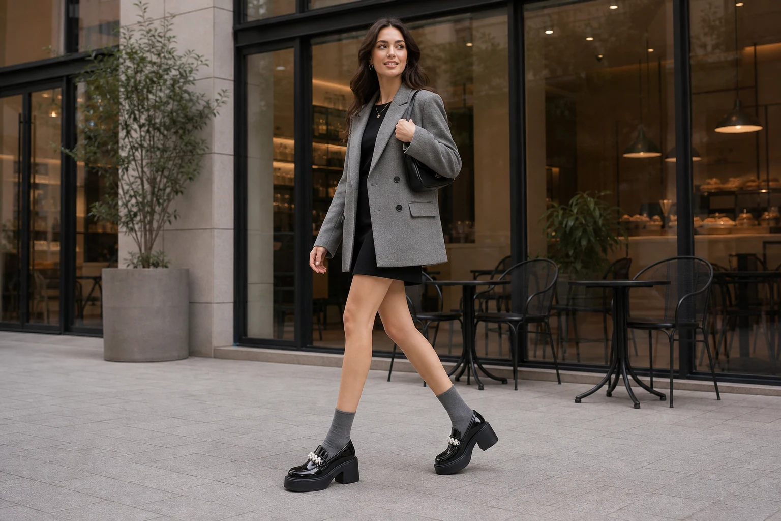 Lifestyle-product-in-contextscène voor glanzende, dikke loafers