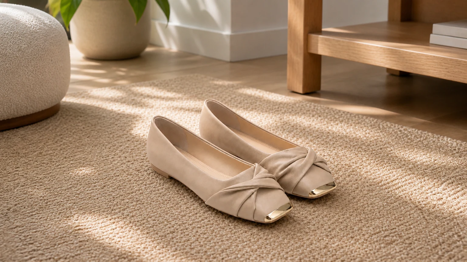 Minimalistische platte schoenen met vierkante neus, gestyled in een warme lifestyle-scene