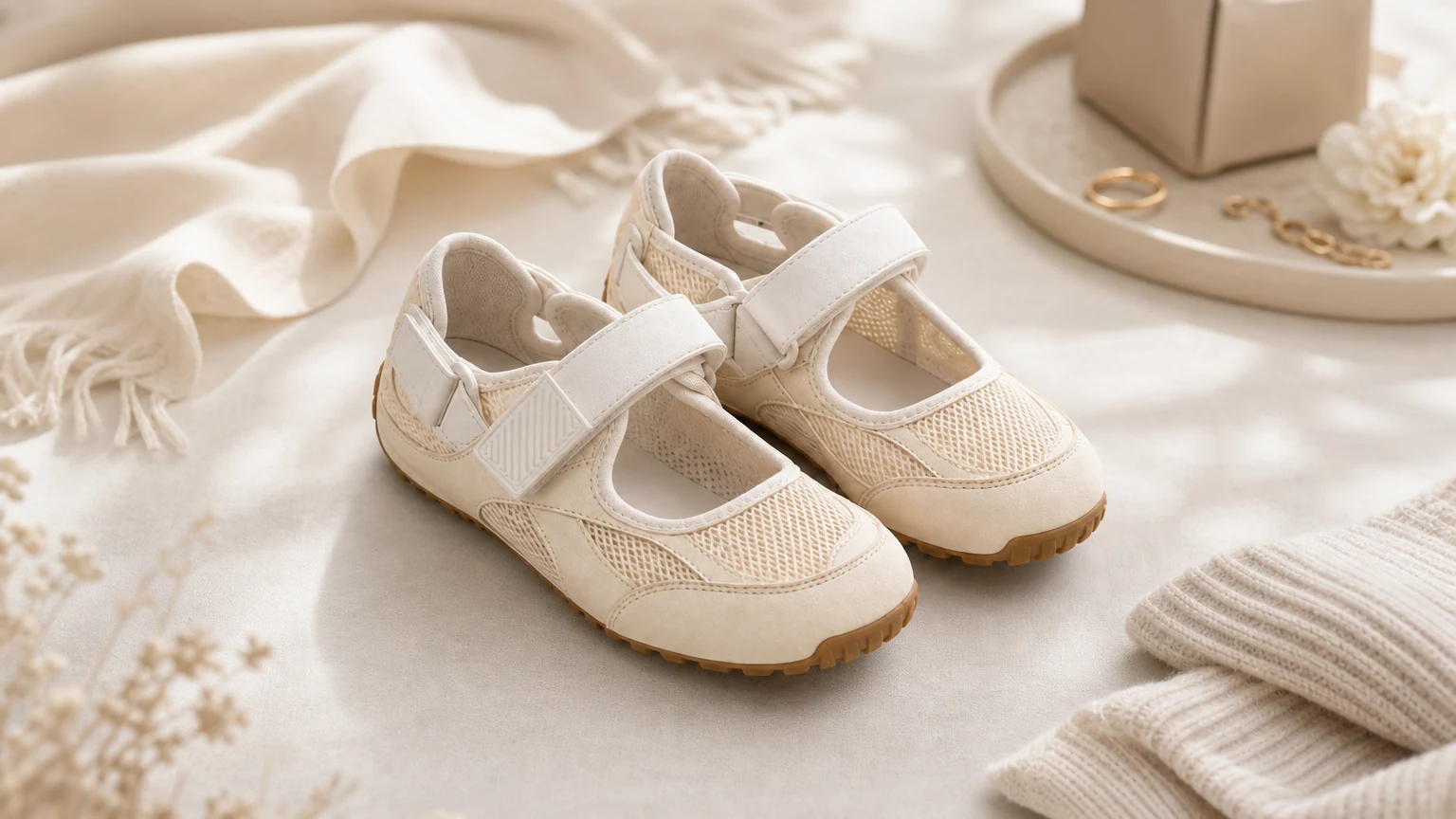Oddychające, płytkie buty codzienne stylizowane na poziomą scenę stylu życia