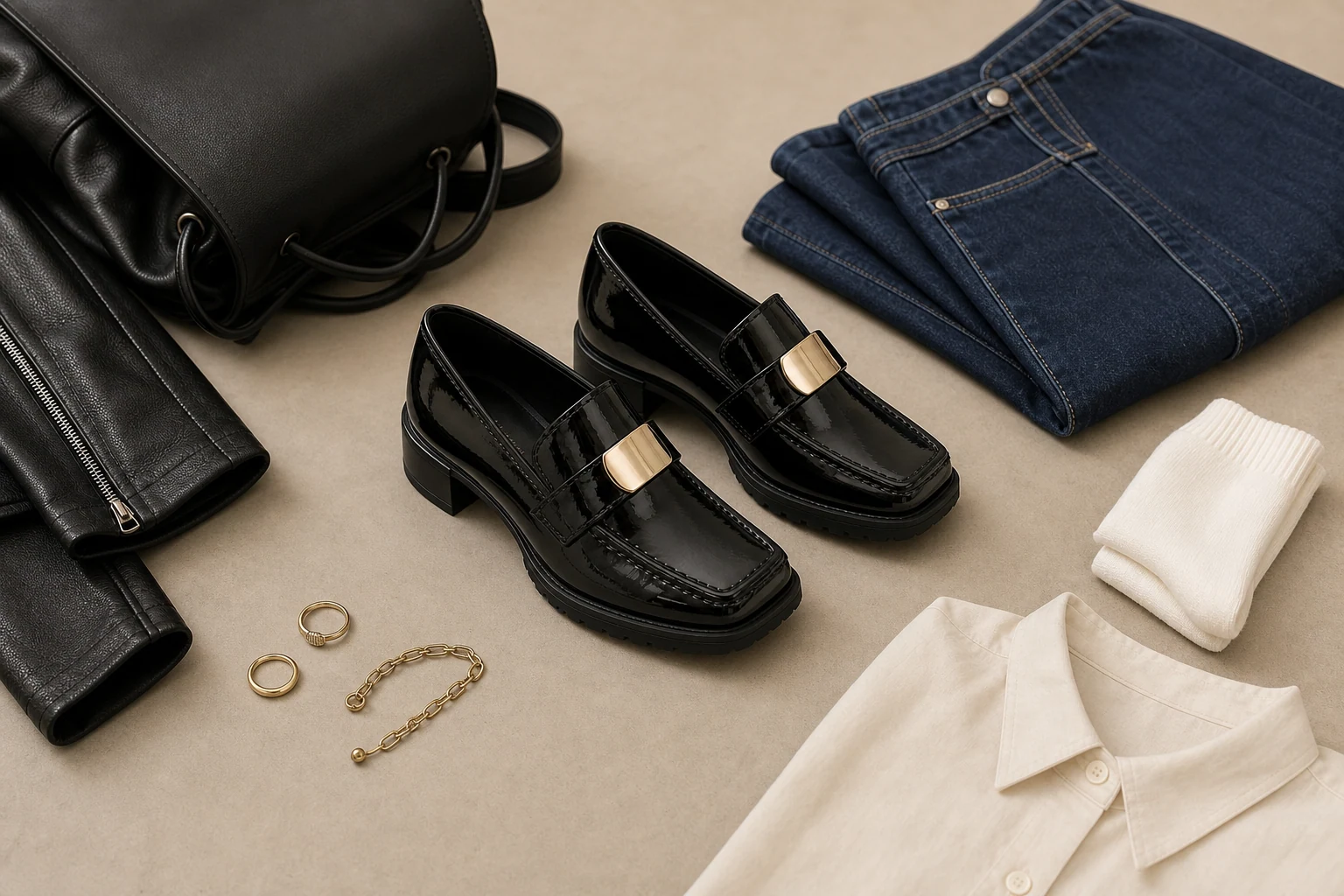 Product-in-context lifestyle-scène met de loafers met zwarte hakken