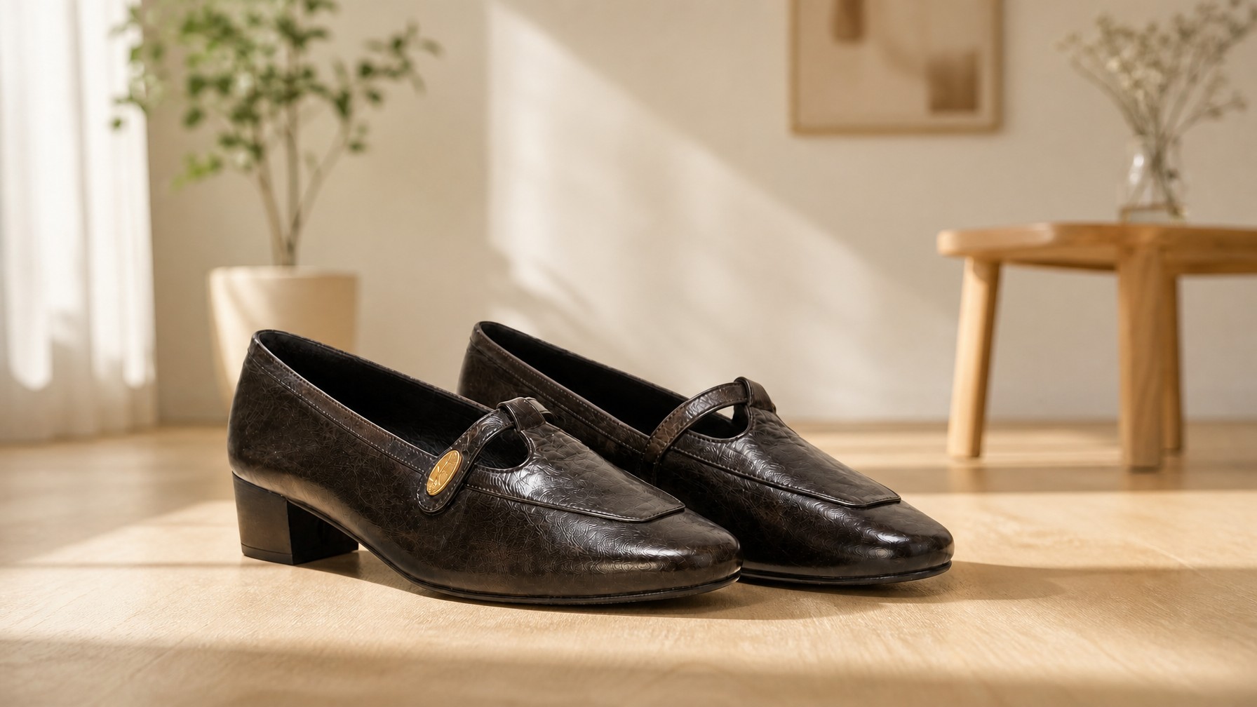 Klassische Pumps mit stabilem Absatz und Schnallenriemen im horizontalen Lifestyle-Stil
