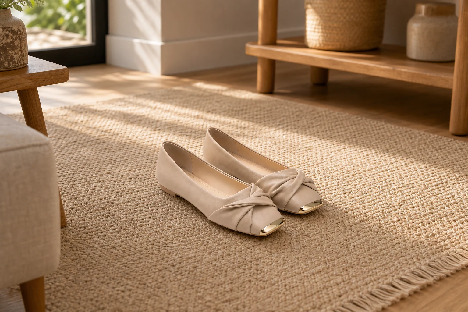 Lifestyle-scène met de volledig platte schoenen zichtbaar
